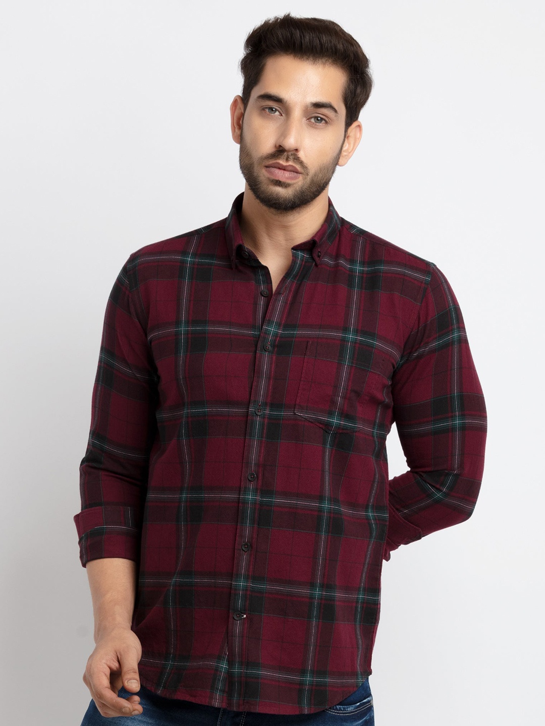 

Status Quo Men Maroon & Black Slim Fit Tartan Checked Casual Shirt