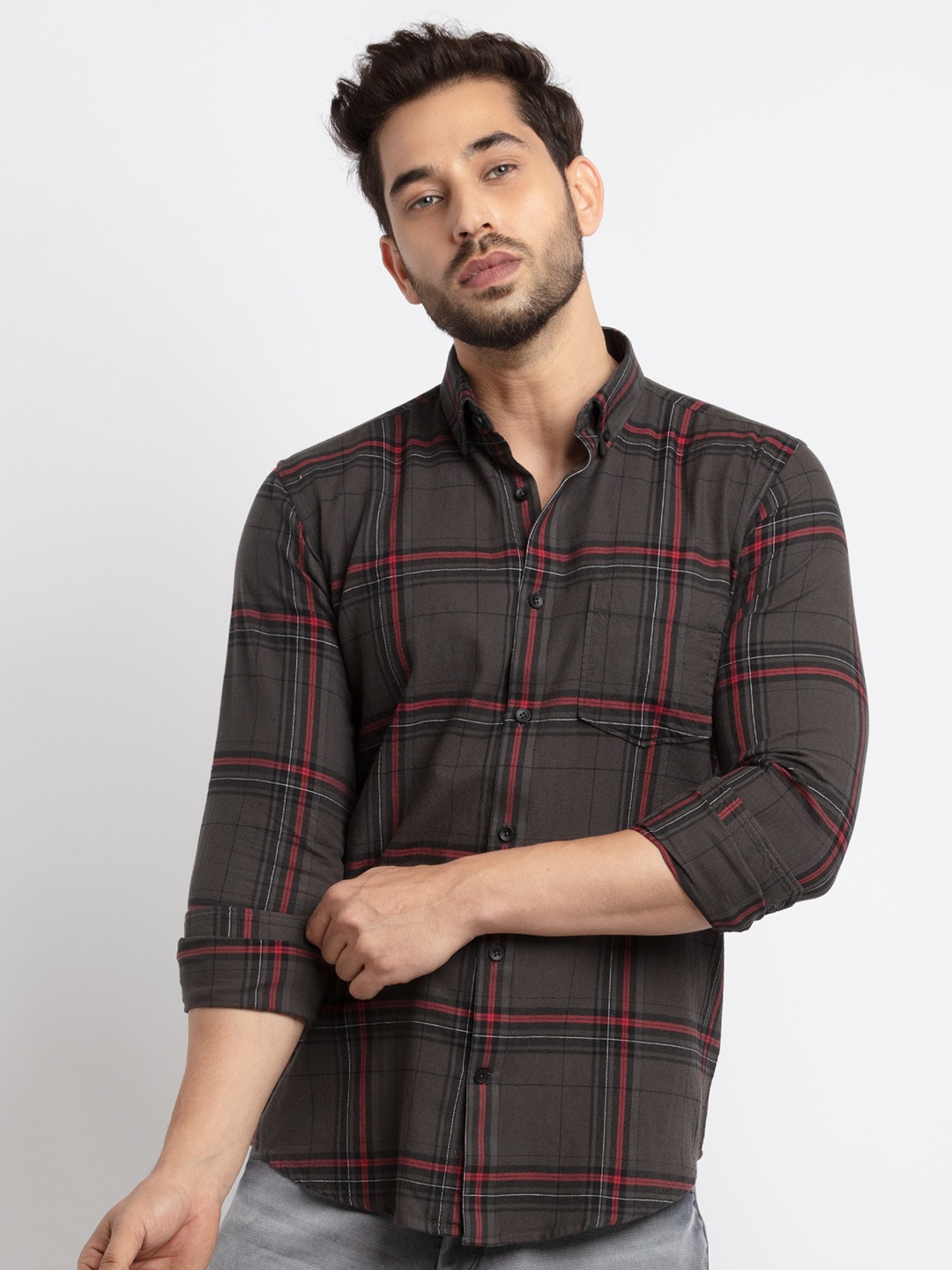 Status Quo Men Grey Slim Fit Tartan Checks Checked Cotton Casual Shirt