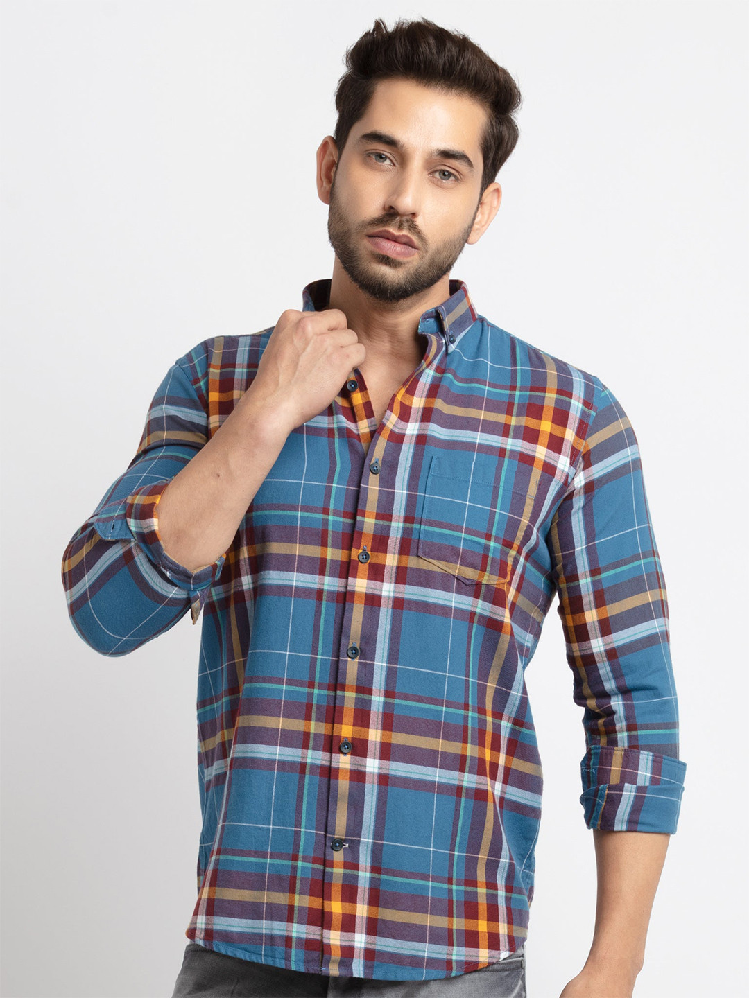 

Status Quo Men Blue Slim Fit Tartan Checks Checked Cotton Casual Shirt