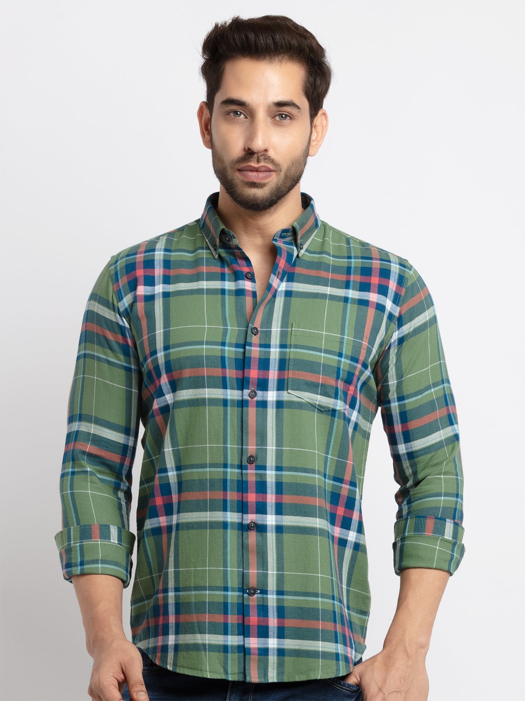 Status Quo Men Green Slim Fit Tartan Checks Checked Casual Shirt