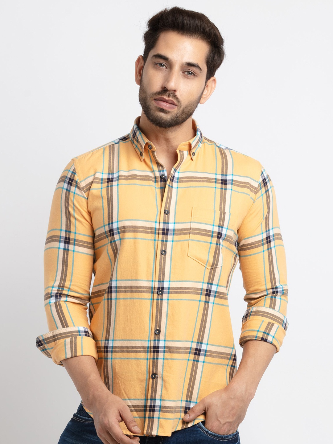

Status Quo Men Yellow Slim Fit Tartan Checks Checked Cotton Casual Shirt
