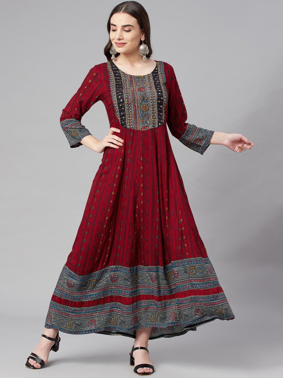 

Pankvi Maroon Ethnic Motifs Ethnic Maxi Dress