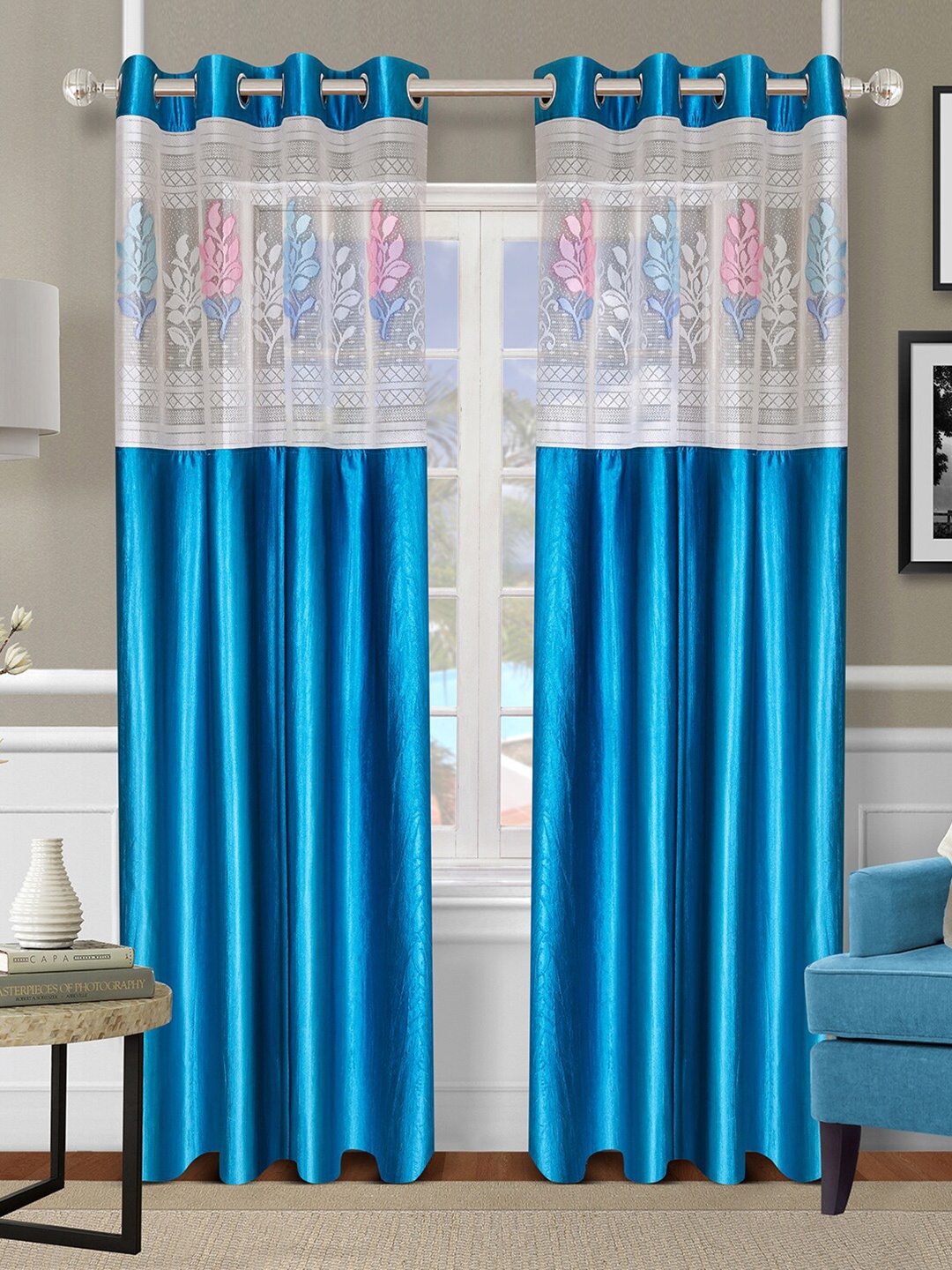 

ROMEE Turquoise Blue & White Set of 2 Floral Sheer Long Door Curtain