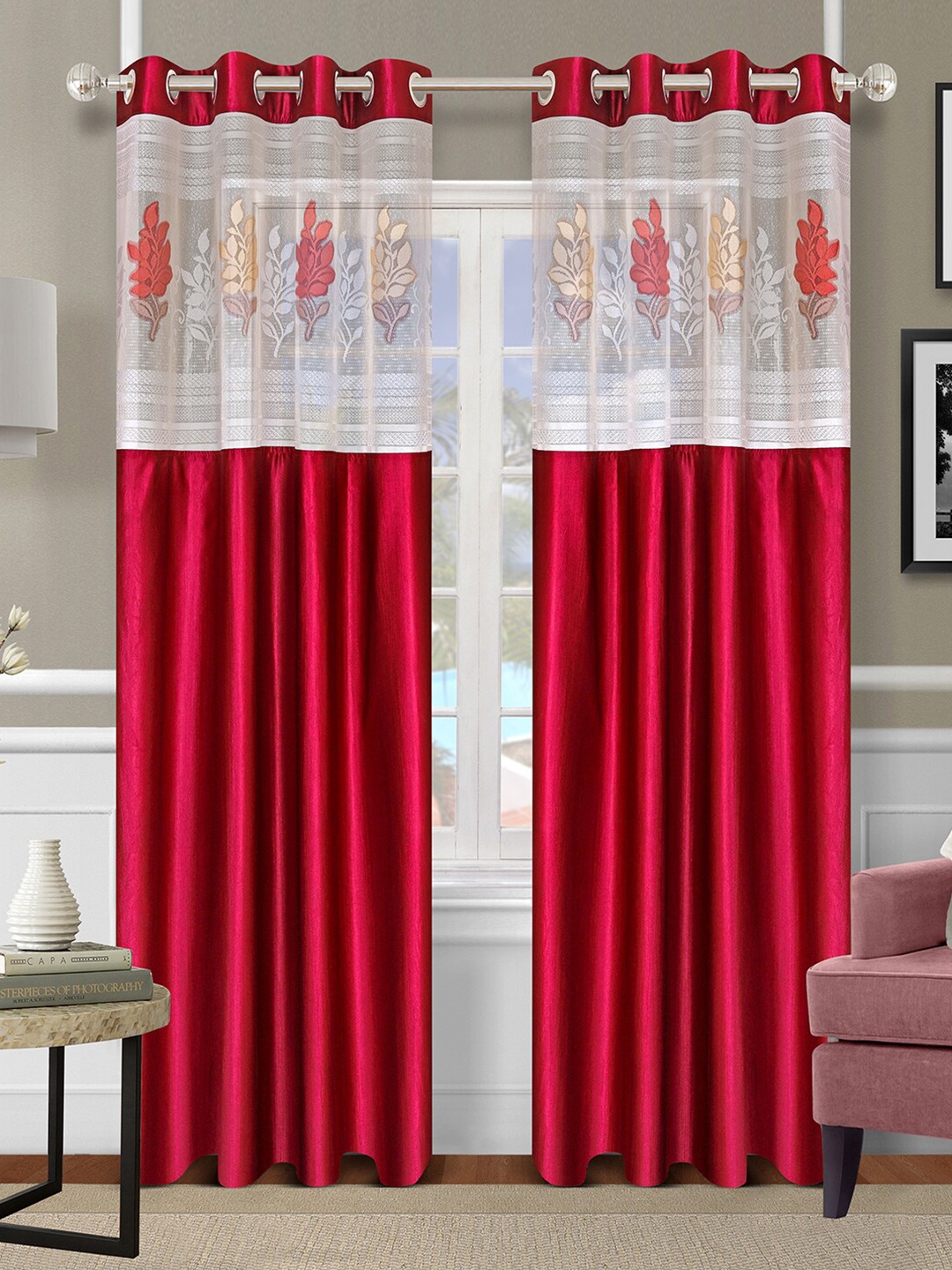 

ROMEE Red Set of 2 Floral Sheer Door Curtain