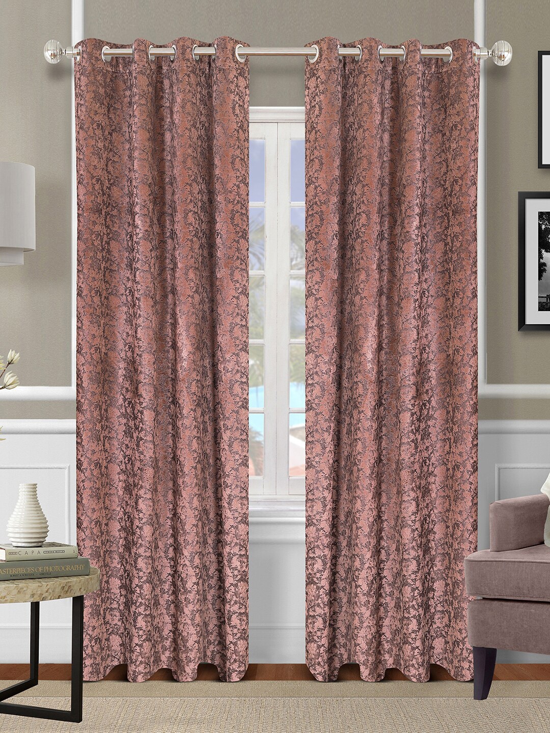 

ROMEE Brown Set of 2 Room Darkening Printed Long Door Curtains