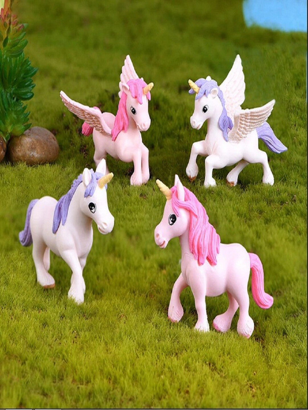 

CHOCOZONE Pack of 4 Pink Unicorn Miniatures Garden Decoration Action Figures