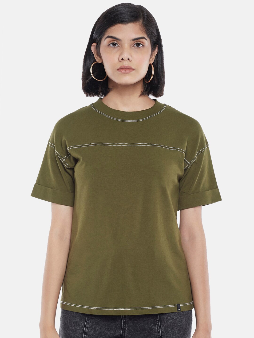 

SF JEANS by Pantaloons Women Olive Green Pure Cotton T-shirt