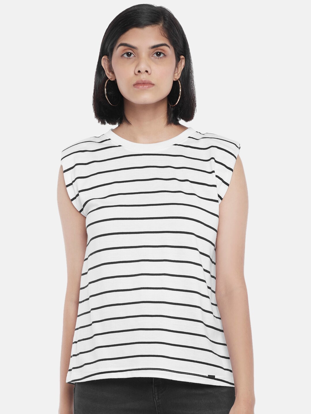 

SF JEANS by Pantaloons White & Black Striped Extended Sleeves Pure Cotton T-Shirt