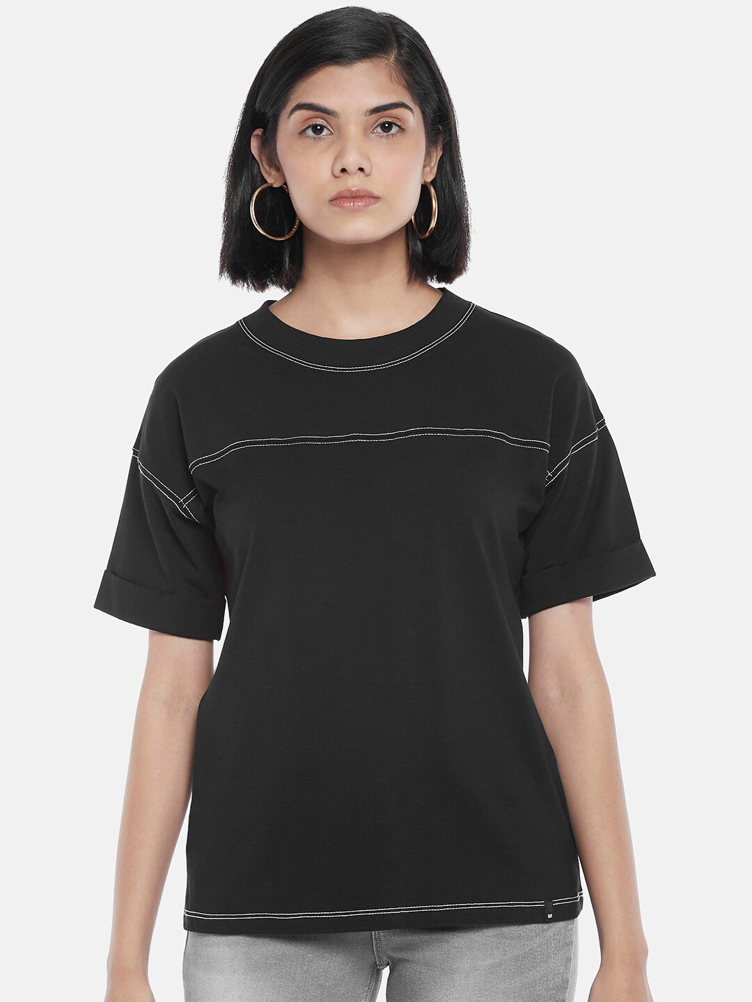 

SF JEANS by Pantaloons Women Black Drop-Shoulder Sleeves Pure Cotton T-shirt