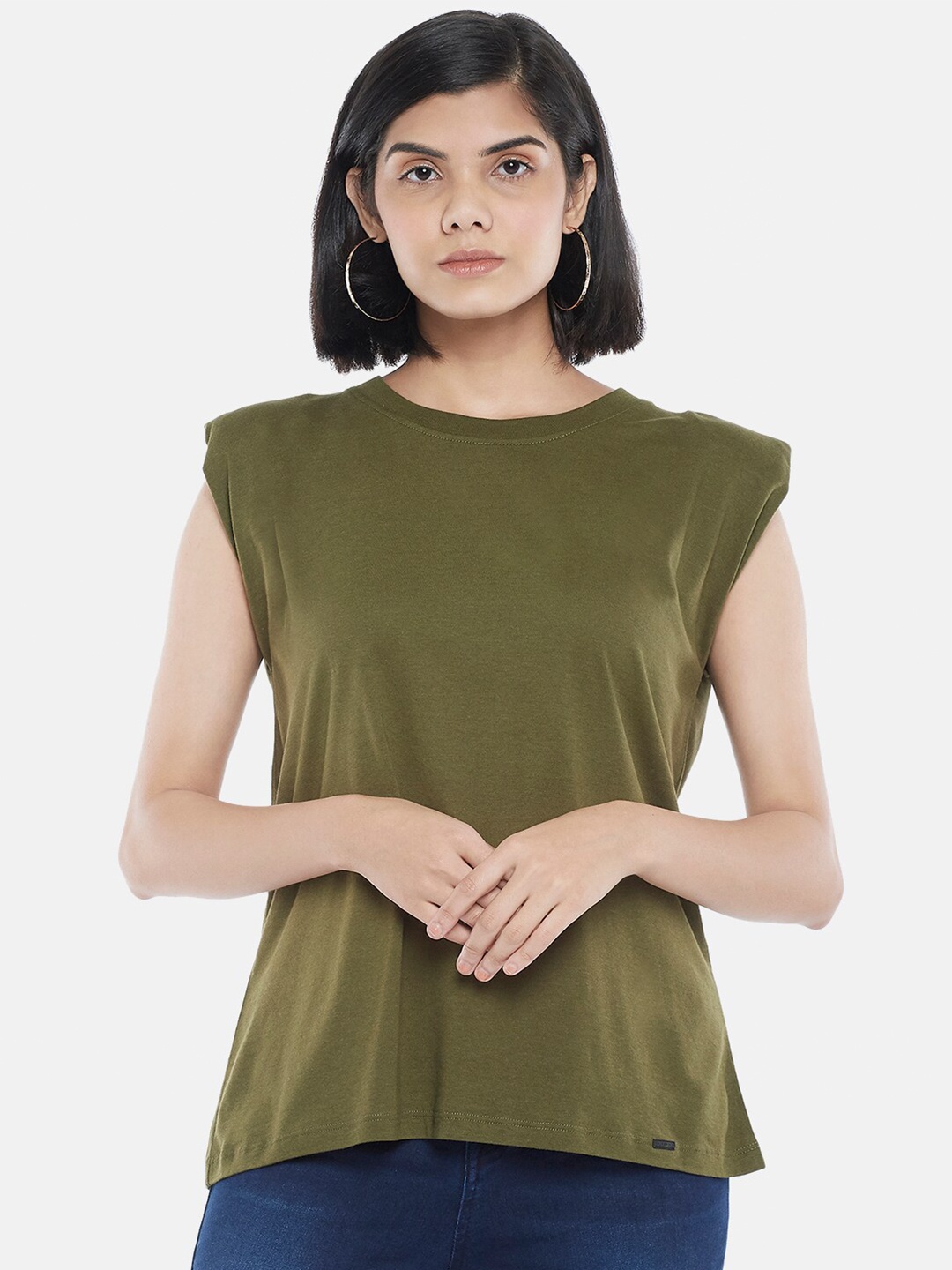 

SF JEANS by Pantaloons Women Olive Green Extended Sleeves Pure Cotton Top