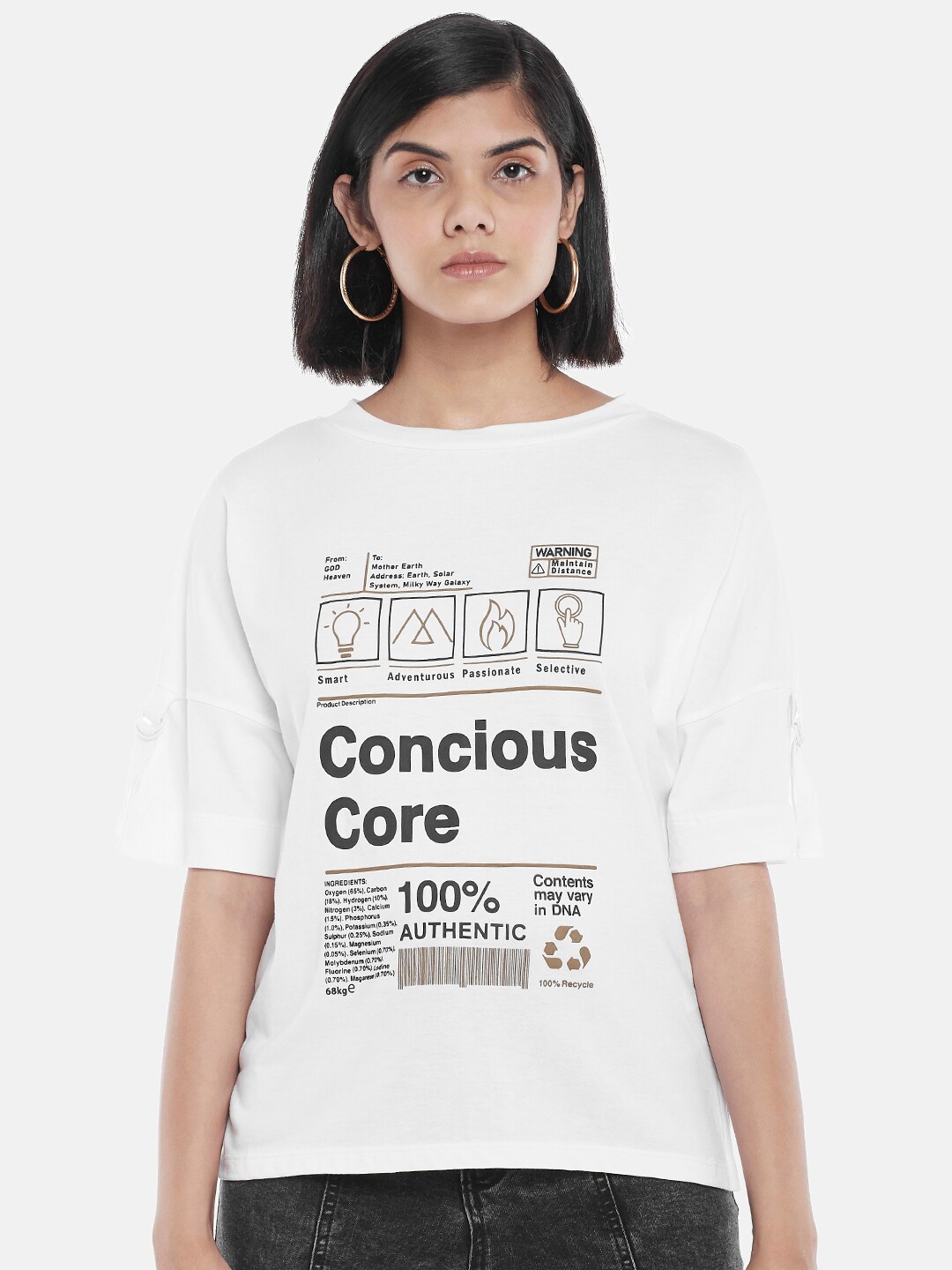 

SF JEANS by Pantaloons Women White & Black Pure Cotton T-Shirt