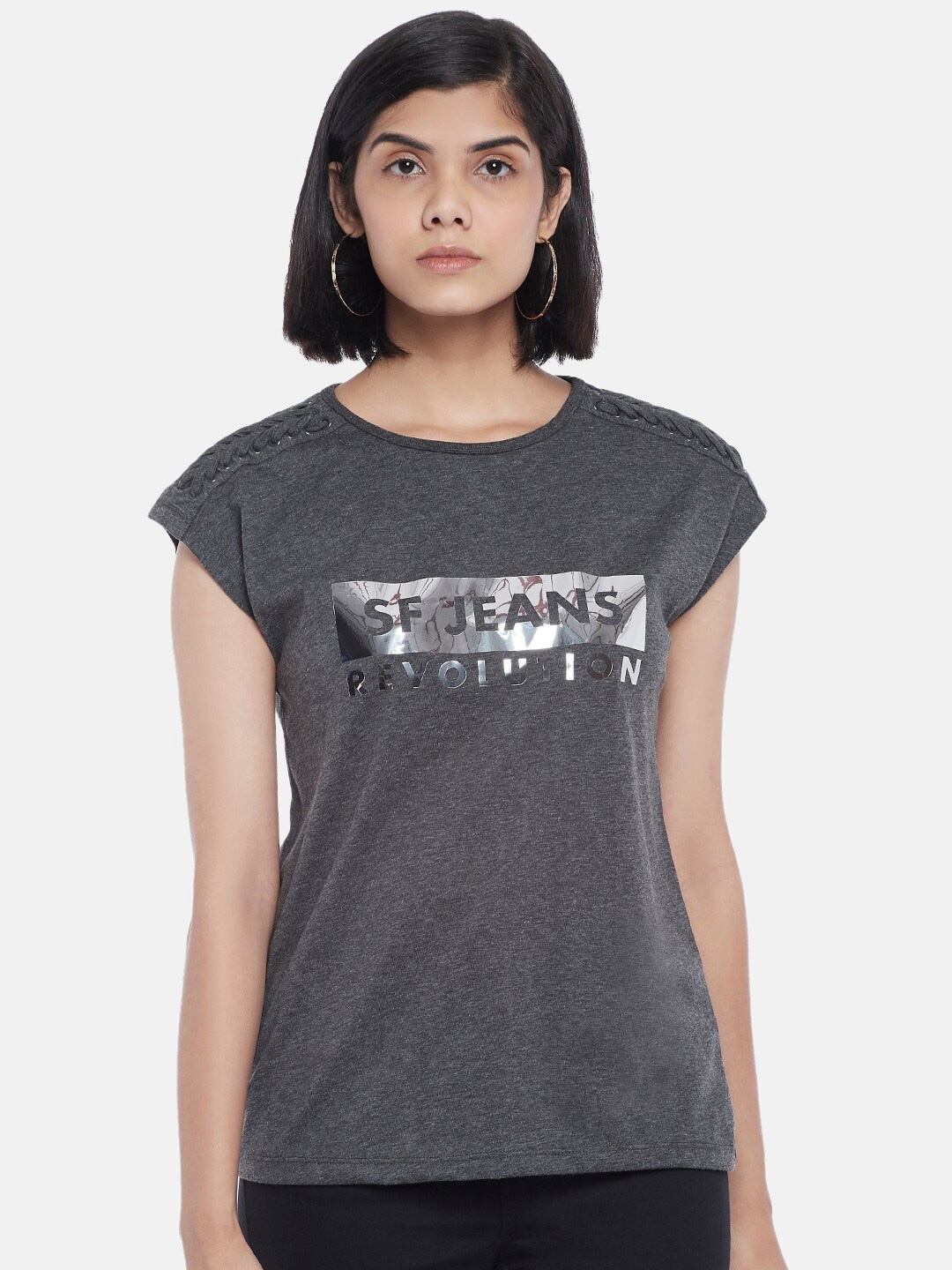 

SF JEANS by Pantaloons Women Grey Melange Print Top
