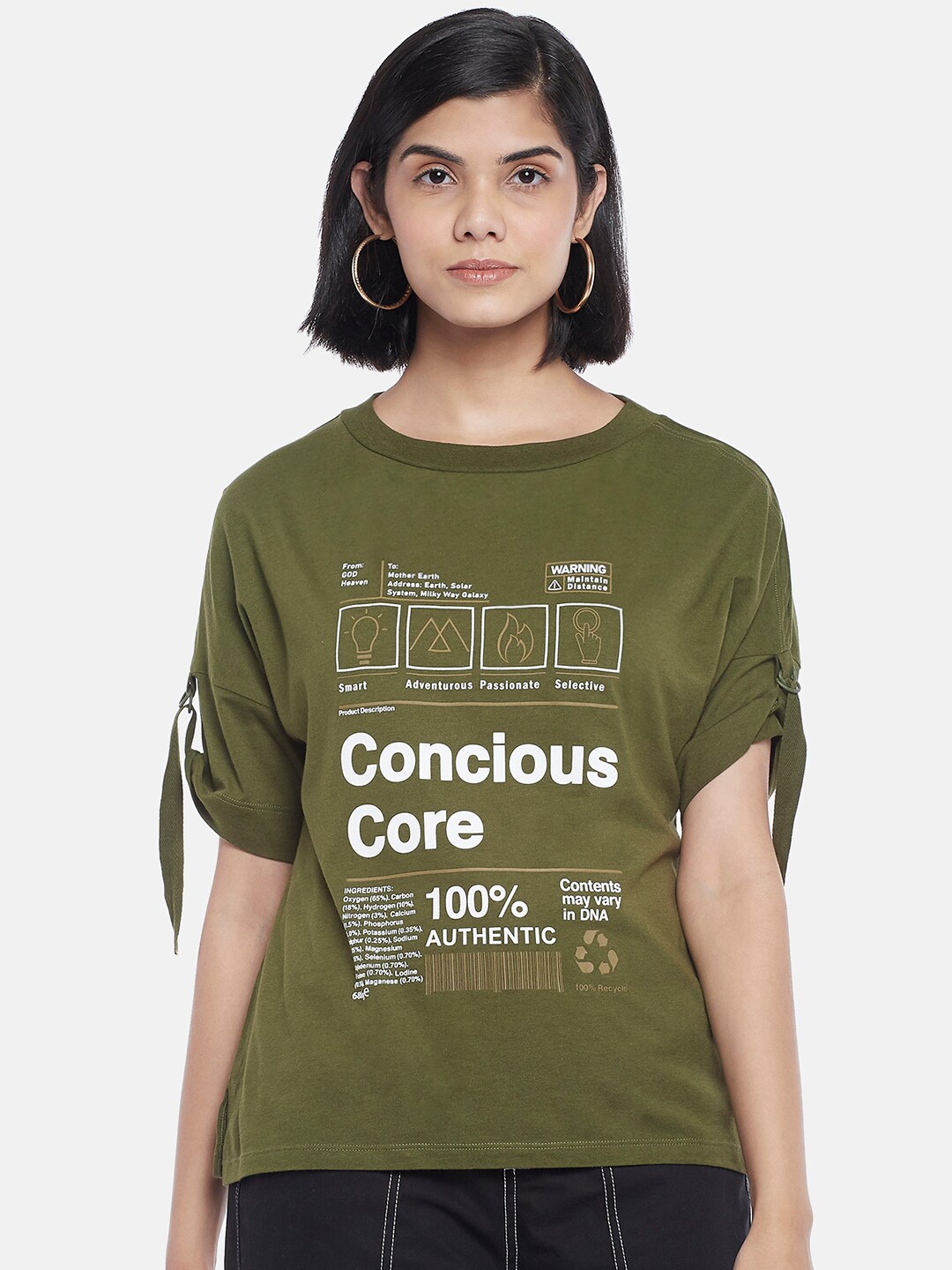 SF JEANS by Pantaloons Olive Green Print Pure Cotton Top