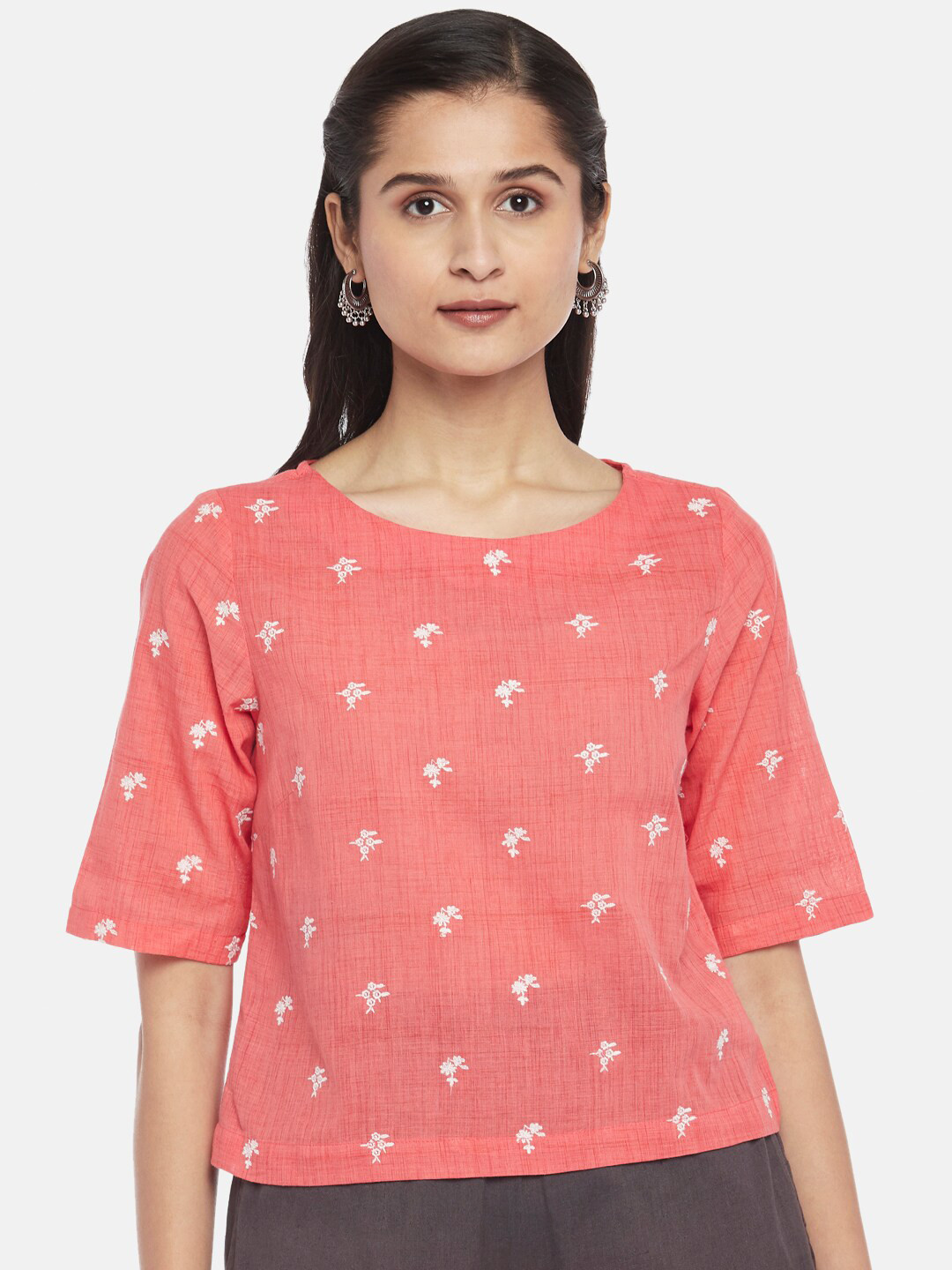 

AKKRITI BY PANTALOONS Coral Floral Embroidered Cotton Top