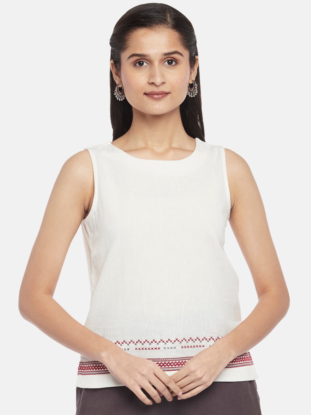 

AKKRITI BY PANTALOONS Women Off White Regular Pure Cotton Top