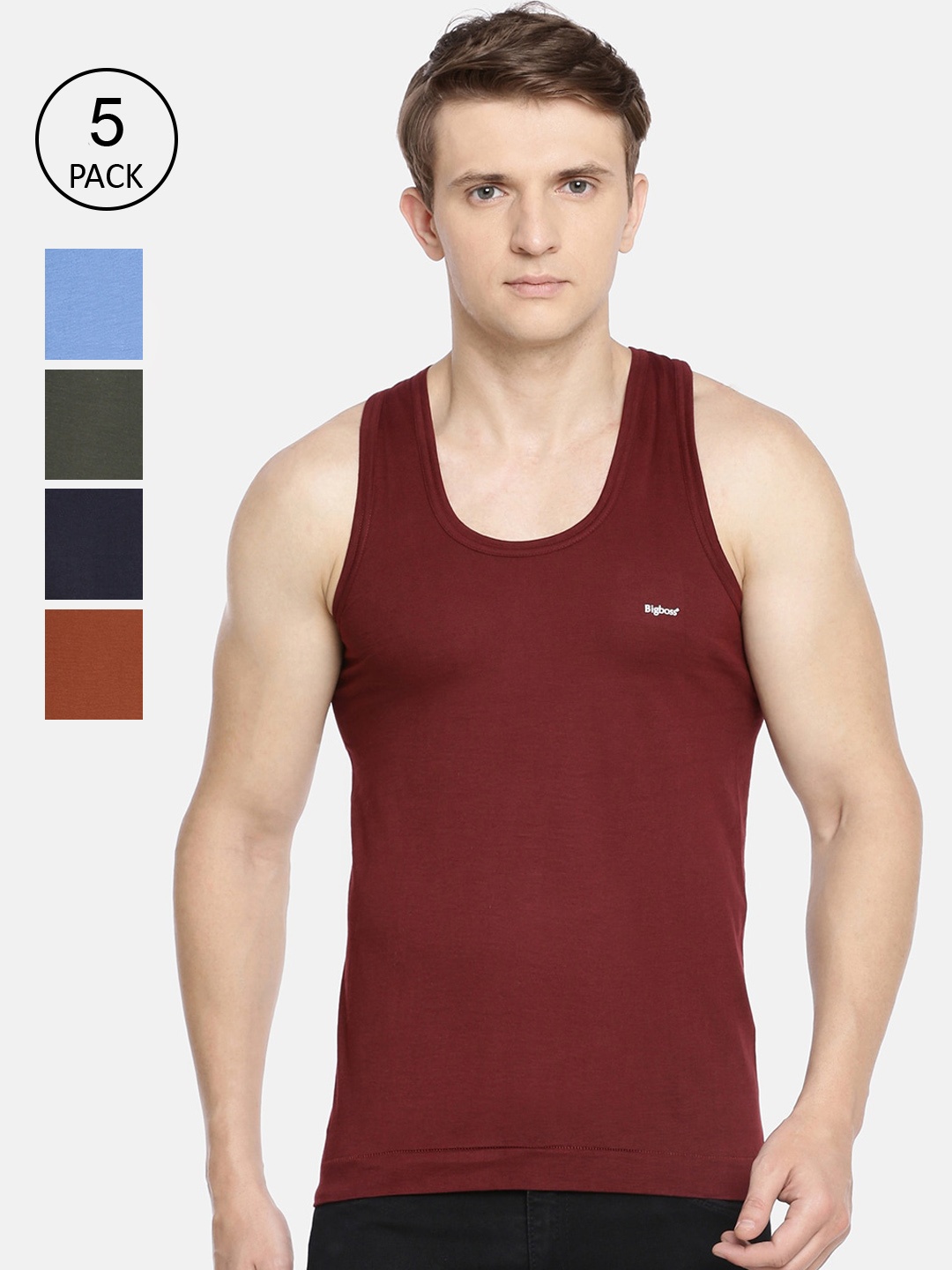 

Dollar Bigboss Men Solid Pack of 5 Combed Cotton Shrinkless Vest, Assorted