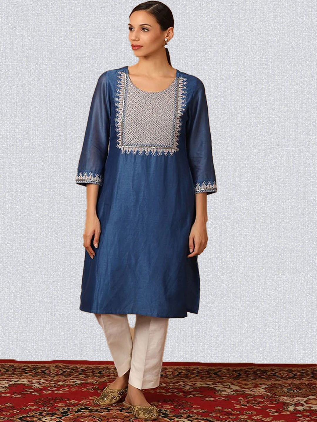 

BARARA ETHNIC Women Blue Yoke Design Thread Work Kurti with Trousers