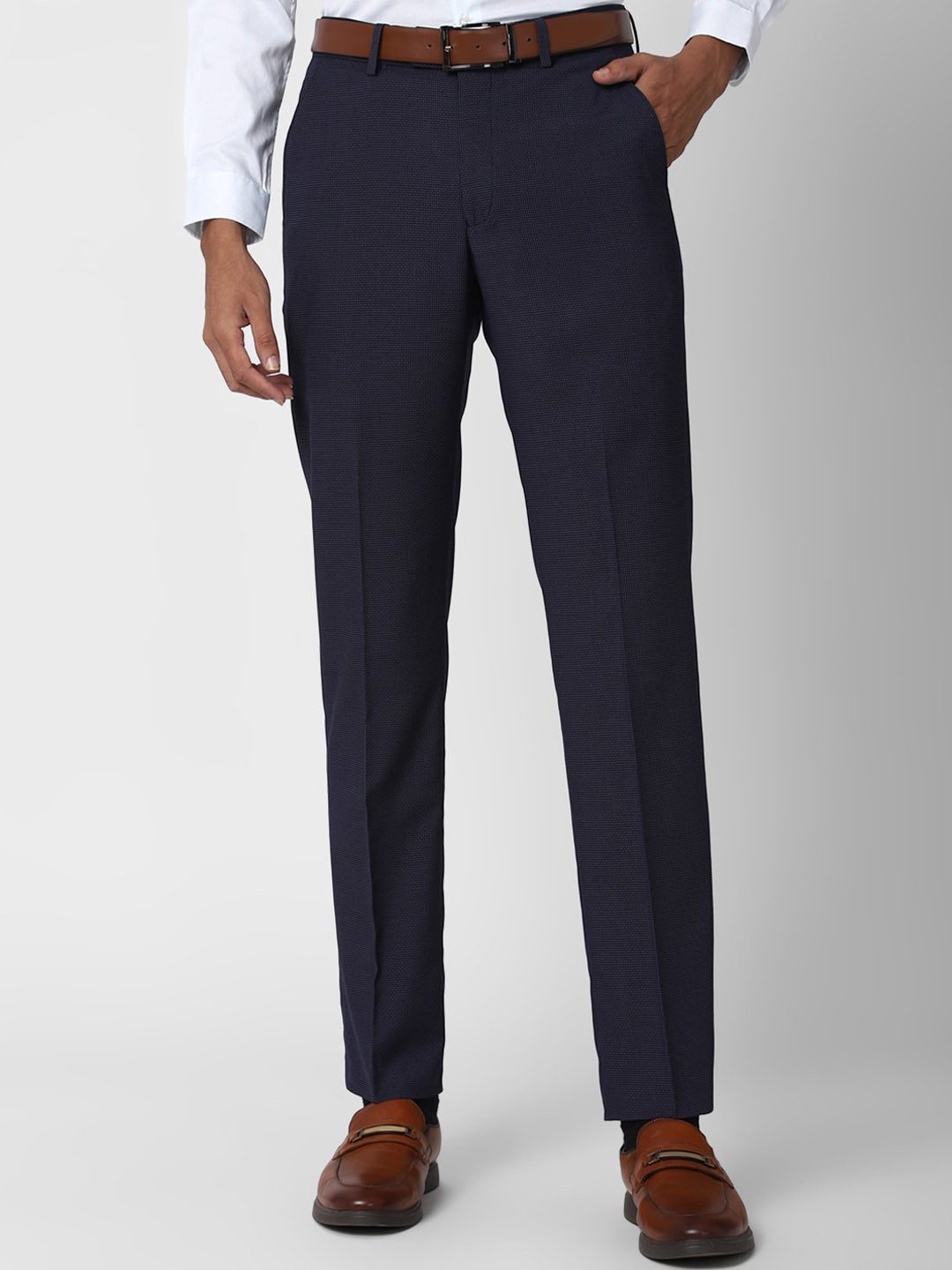 

Peter England Elite Men Navy Blue Solid Mid Rise Slim Fit Trousers