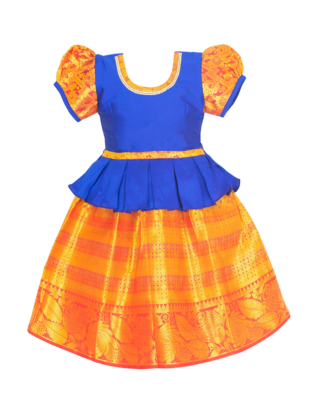 

AMIRTHA FASHION Girls Blue & Orange Ready to Wear Lehenga