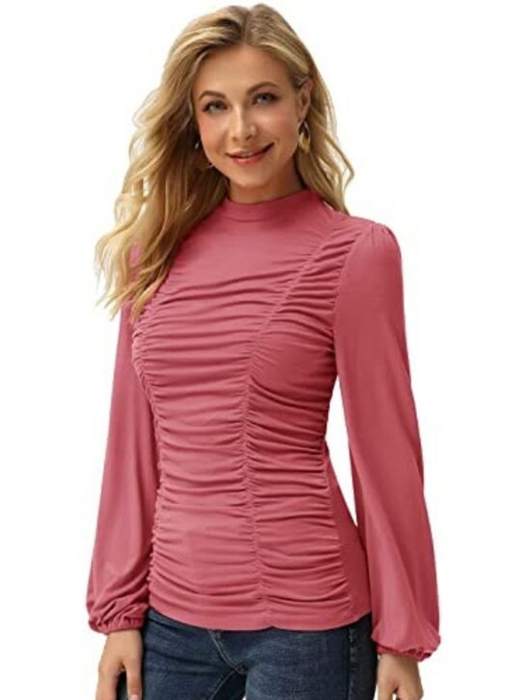 

La Aimee Women Pink Self Design High Neck Fitted Top