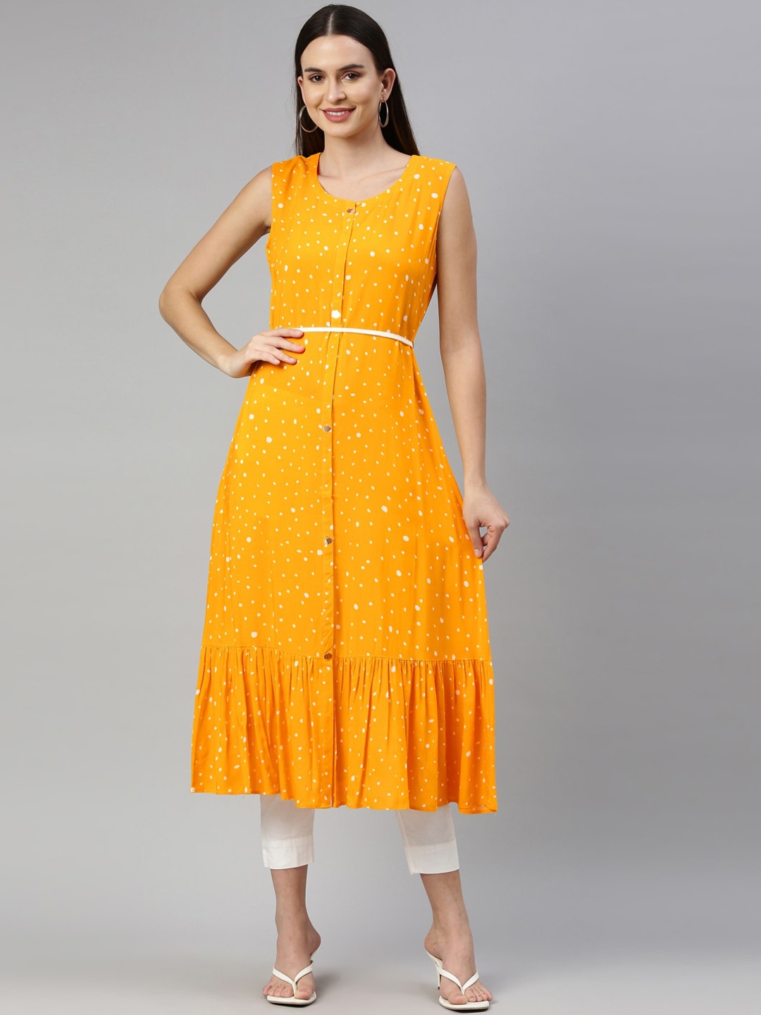 

Neerus Women Yellow Sleeveless Printed A-Line Kurta