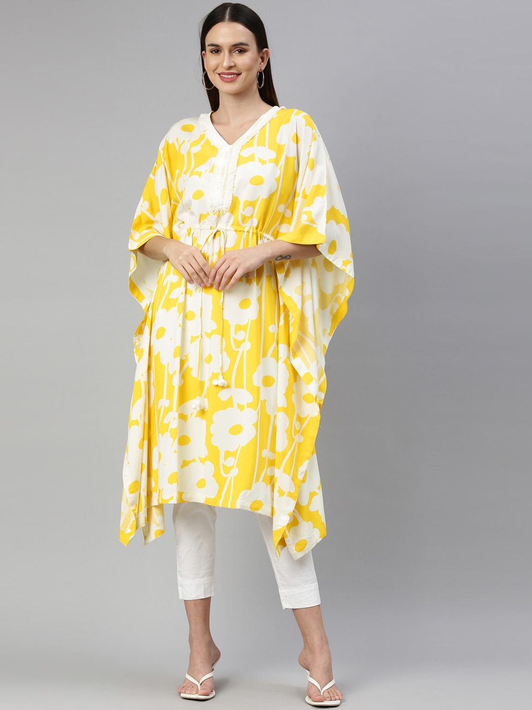 

Neerus Women Yellow & White Floral Printed Flared Sleeves Kaftan Kurta
