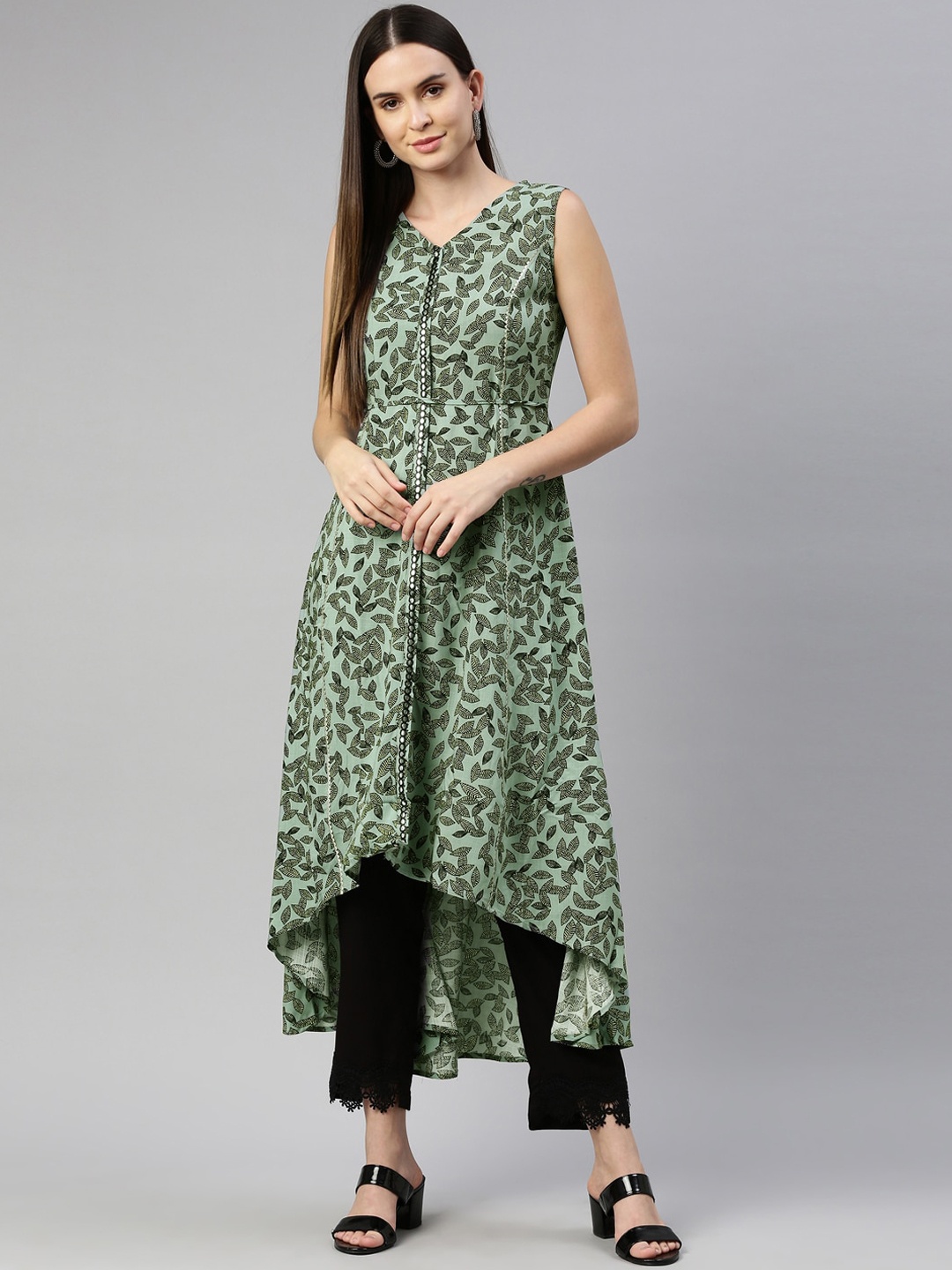 

Neerus Women Olive Green Ethnic Motifs Printed Gotta Patti High-Low Hemline Kurta