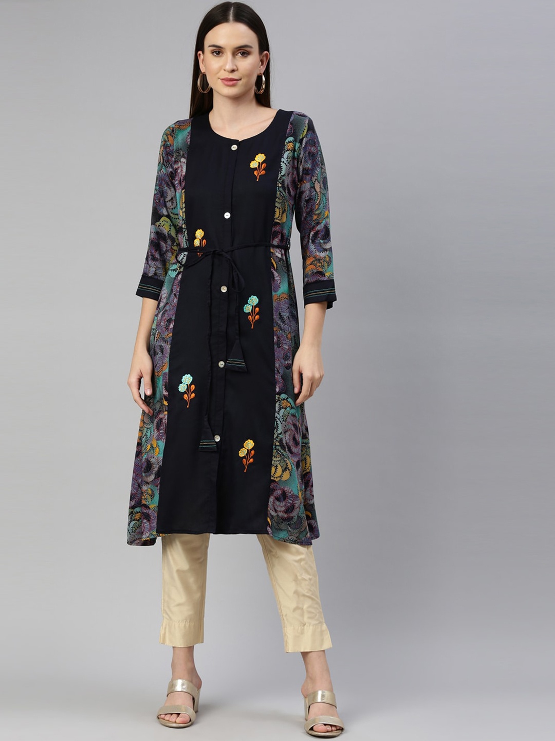 

Neerus Women Navy Blue & Yellow Floral Printed Kurta