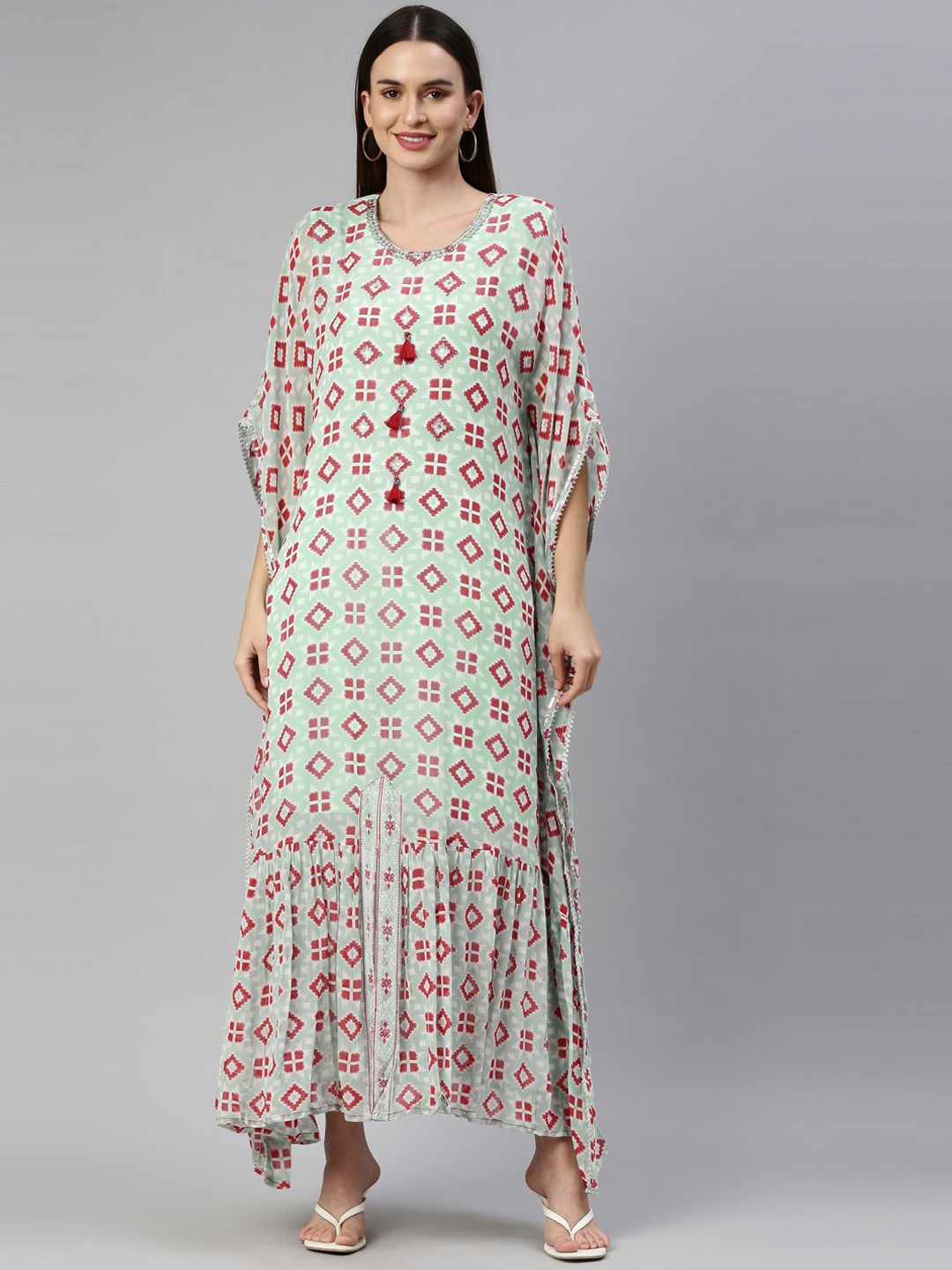 

Neerus Women Blue Bandhani Printed Flared Sleeves Georgette Kaftan Kurta