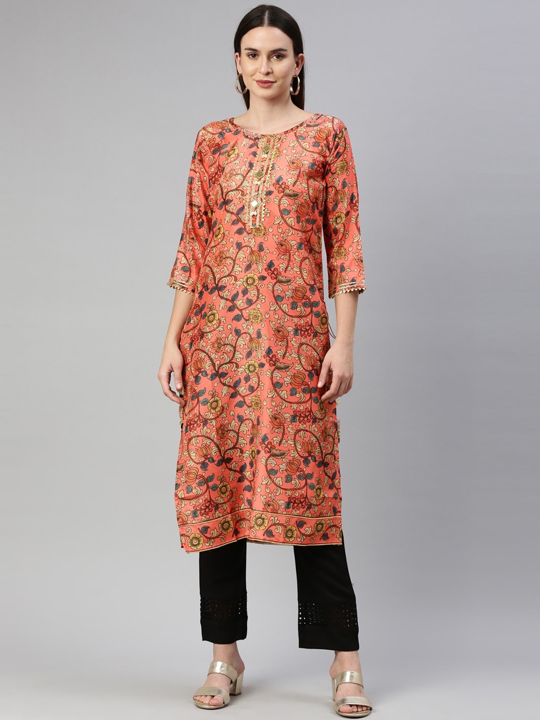 

Neerus Women Orange Floral Printed Gotta Patti Kurta