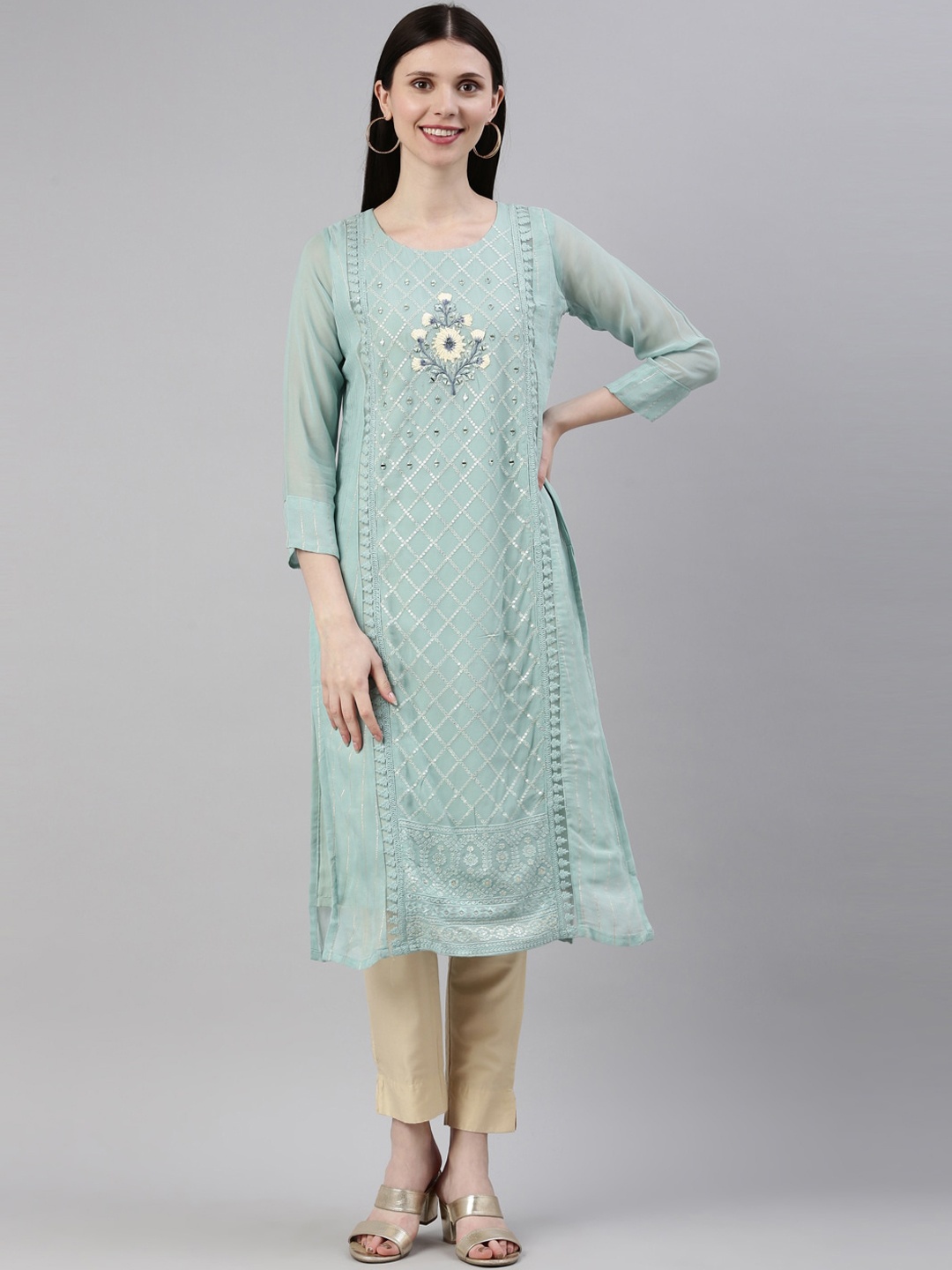 

Neerus Women Turquoise Blue Embroidered Thread Work Georgette Kurta