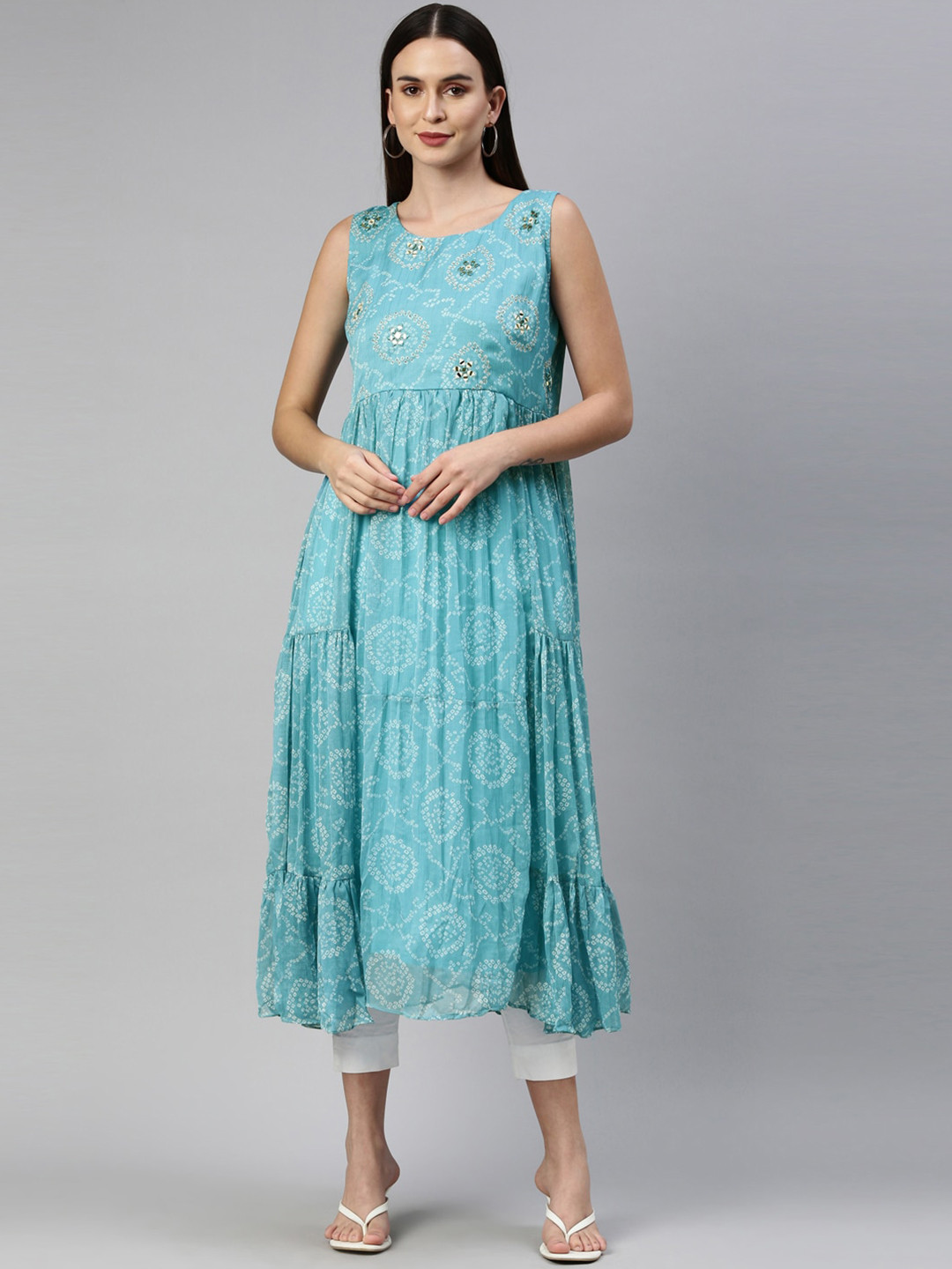 

Neerus Women Turquoise Blue Bandhani Printed Georgette Anarkali Kurta
