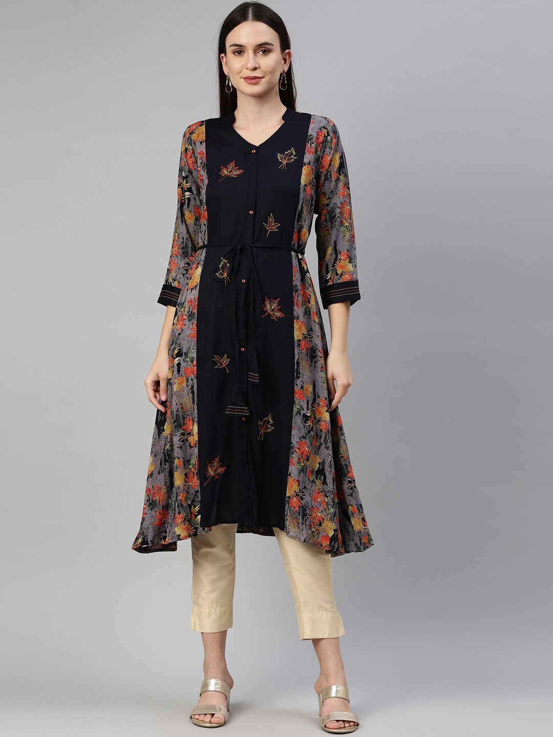 

Neerus Women Grey & Navy Blue Ethnic Motifs Printed Thread Work Kurta