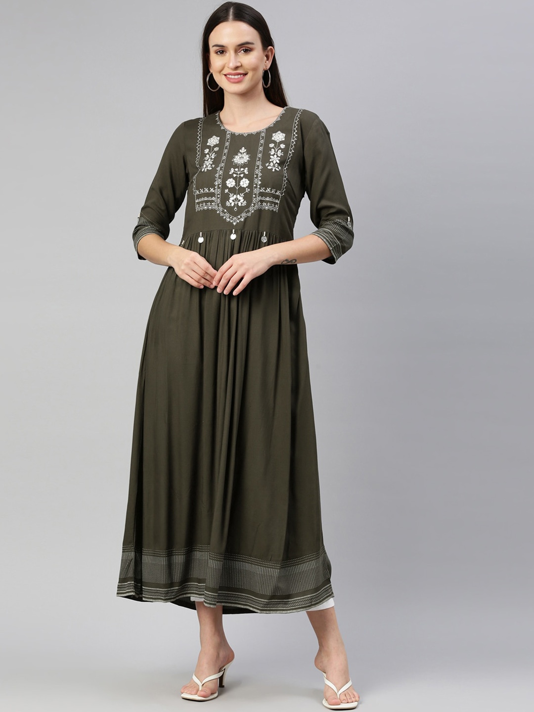 

Neerus Women Olive Green Yoke Design Thread Work Anarkali Kurta