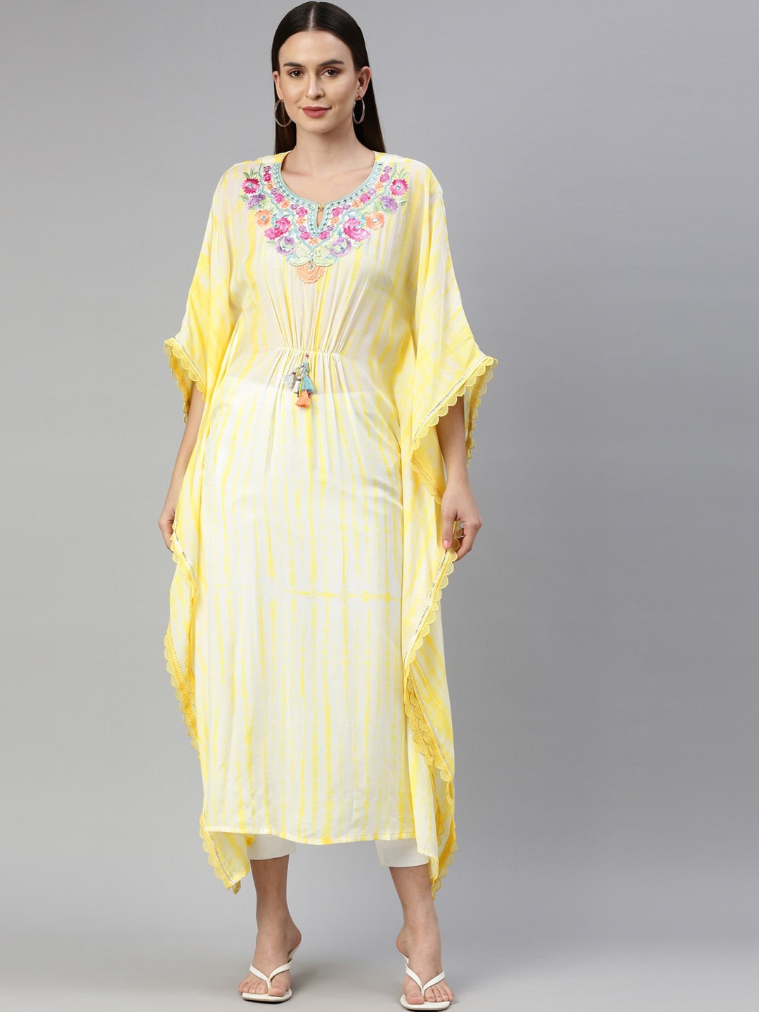 

Neerus Women Yellow & White Floral Embroidered Keyhole Neck Flared Sleeves Mirror Work Chanderi Silk Kurta
