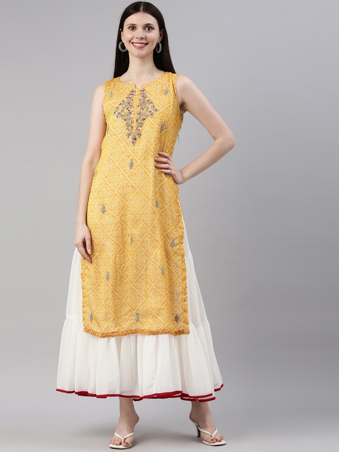 

Neerus Women Yellow Bandhani Printed Gotta Patti Georgette Kurta