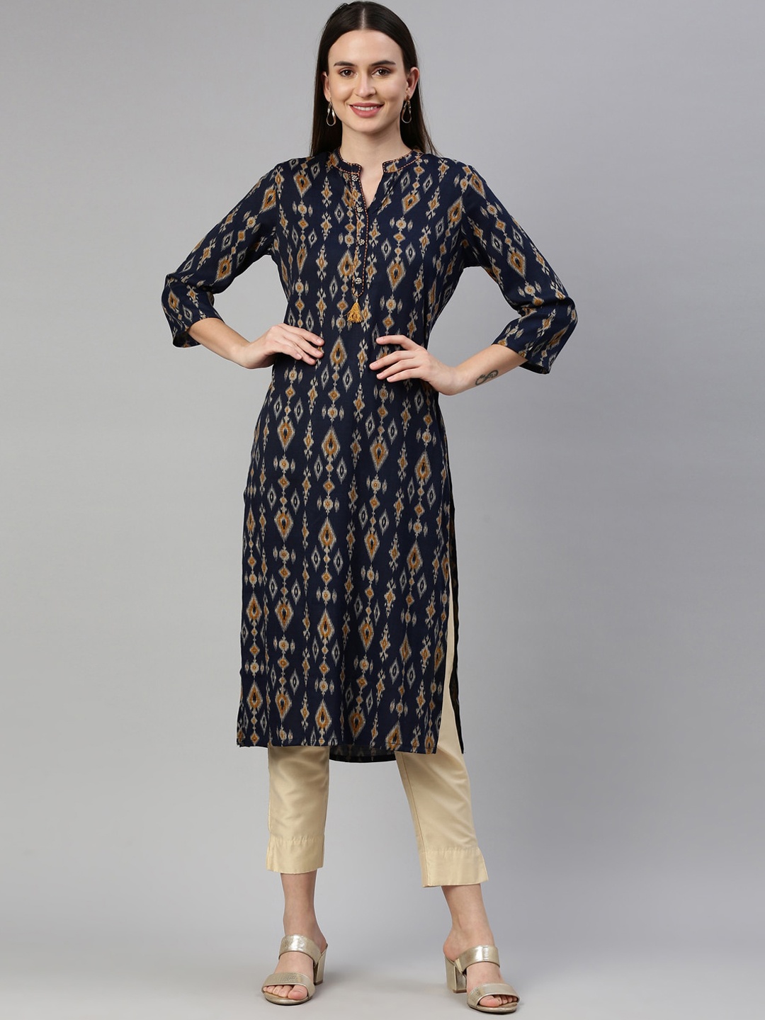 

Neerus Women Navy Blue & Beige Ethnic Motifs Printed Kurta