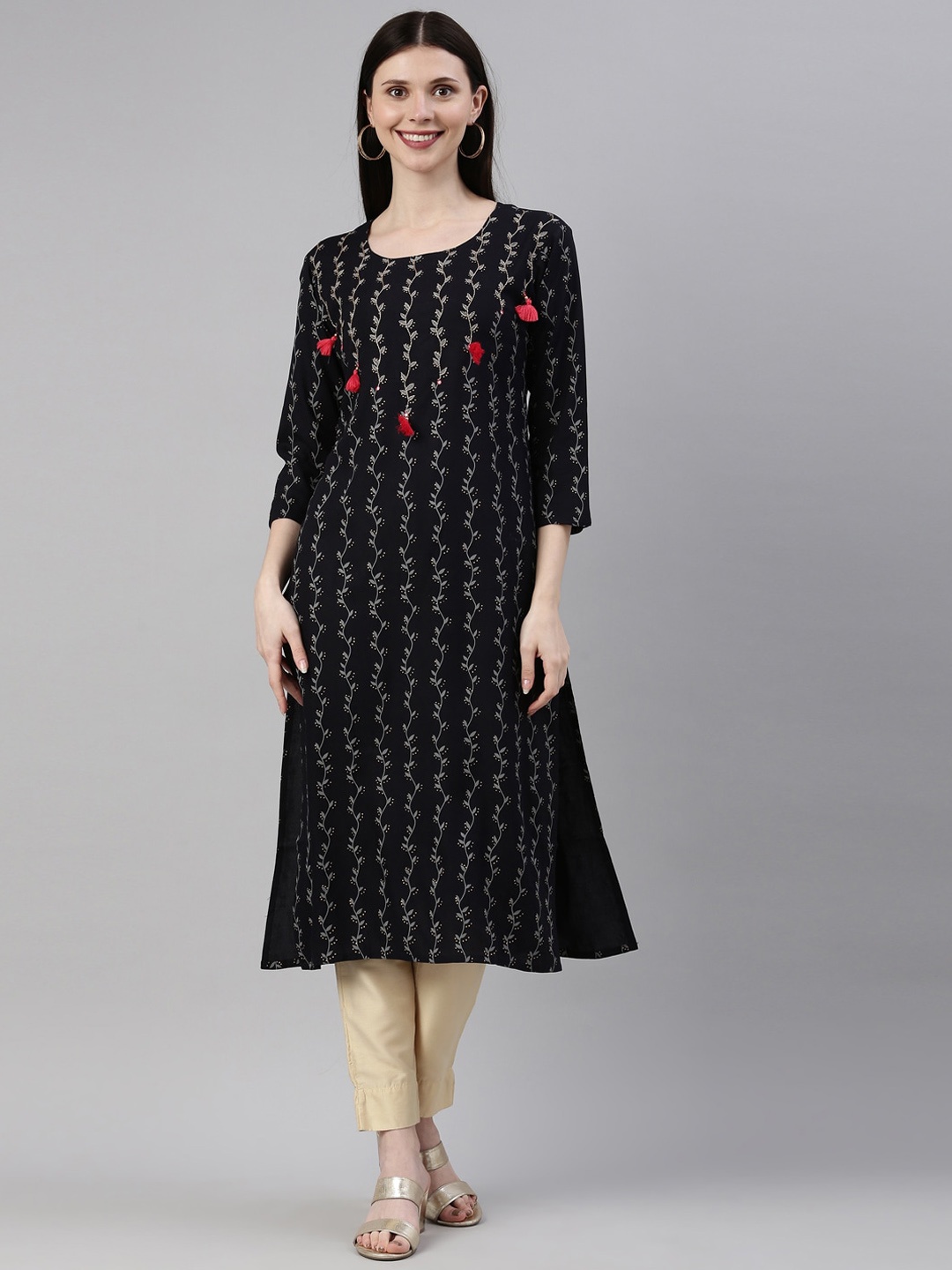 

Neerus Women Navy Blue Ethnic Motifs Printed Thread Work Kurta
