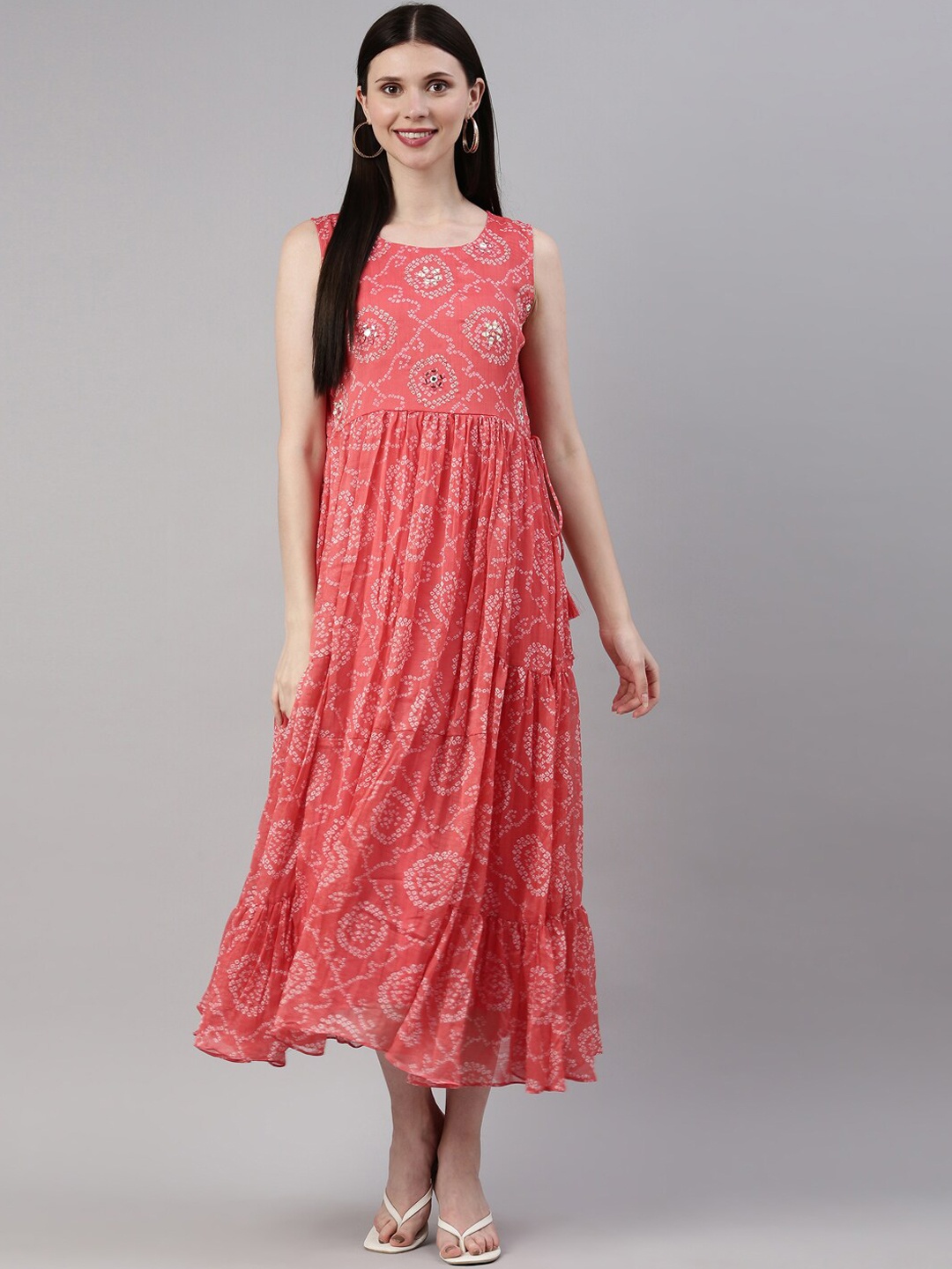 

Neerus Women Orange & White Printed Mirror Work Georgette Tiered Anarkali Kurta