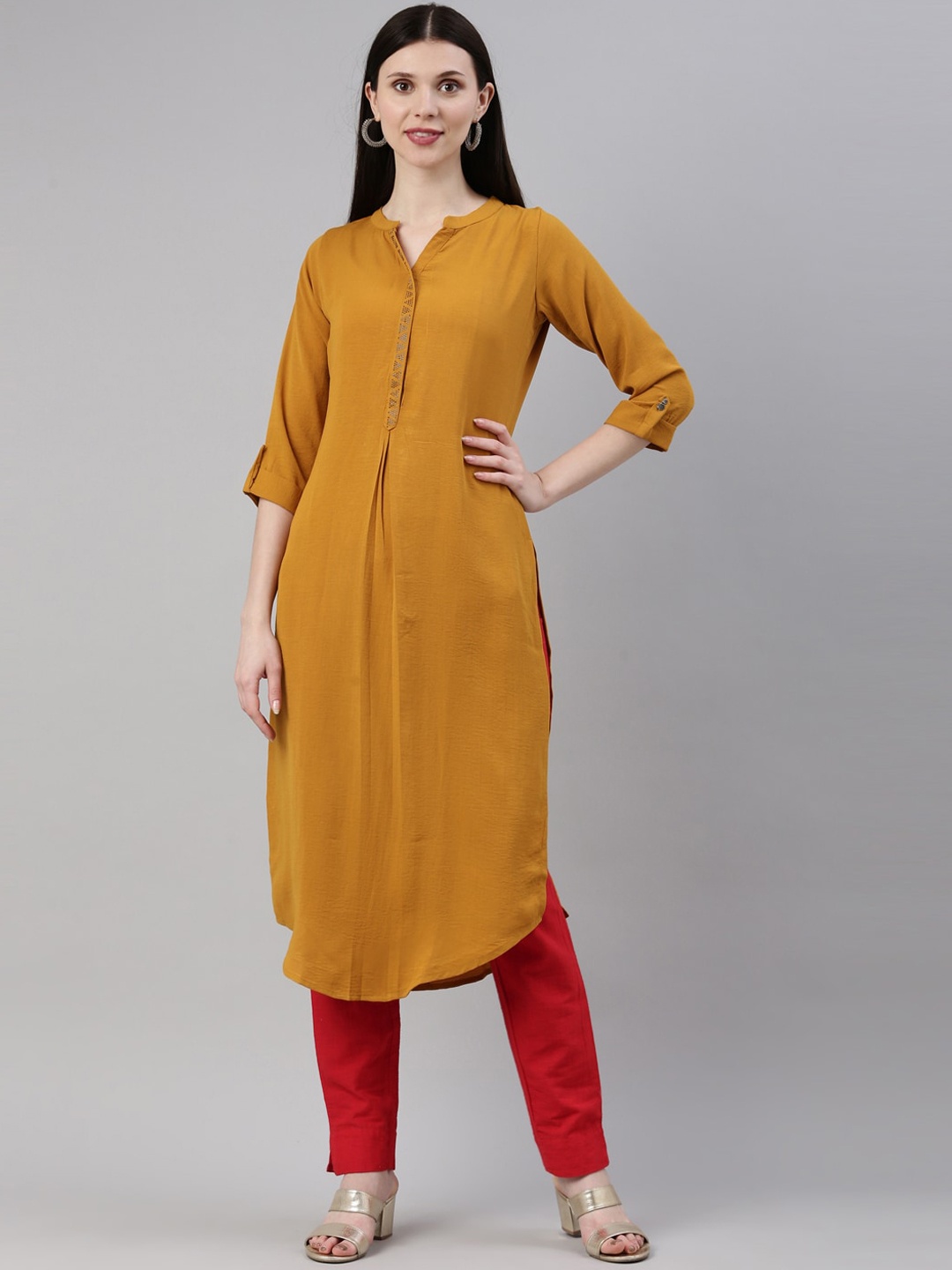 

Neerus Women Mustard Yellow Thread Work Kurta