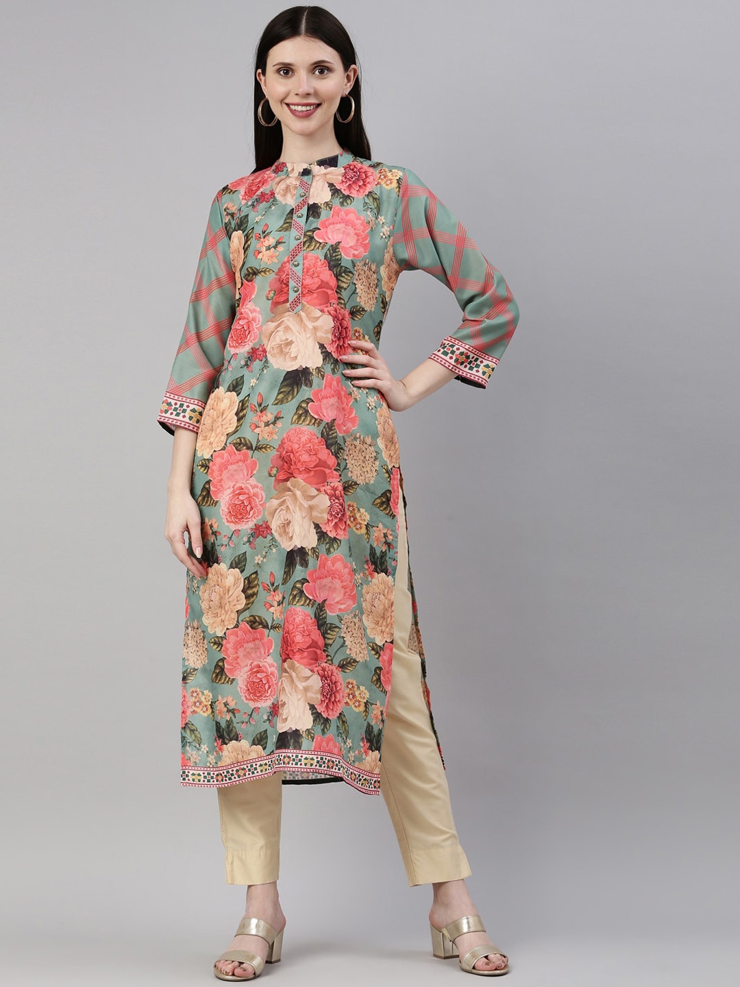 

Neerus Women Olive Green Floral Printed Kurta