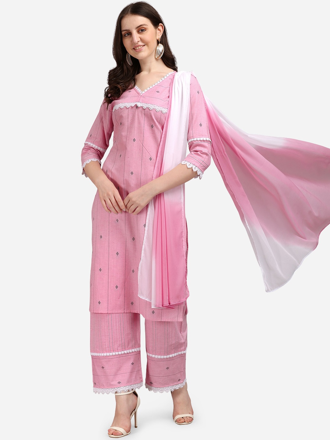 KALINI Women Pink Printed Kurta with Palazzos & With Dupatta