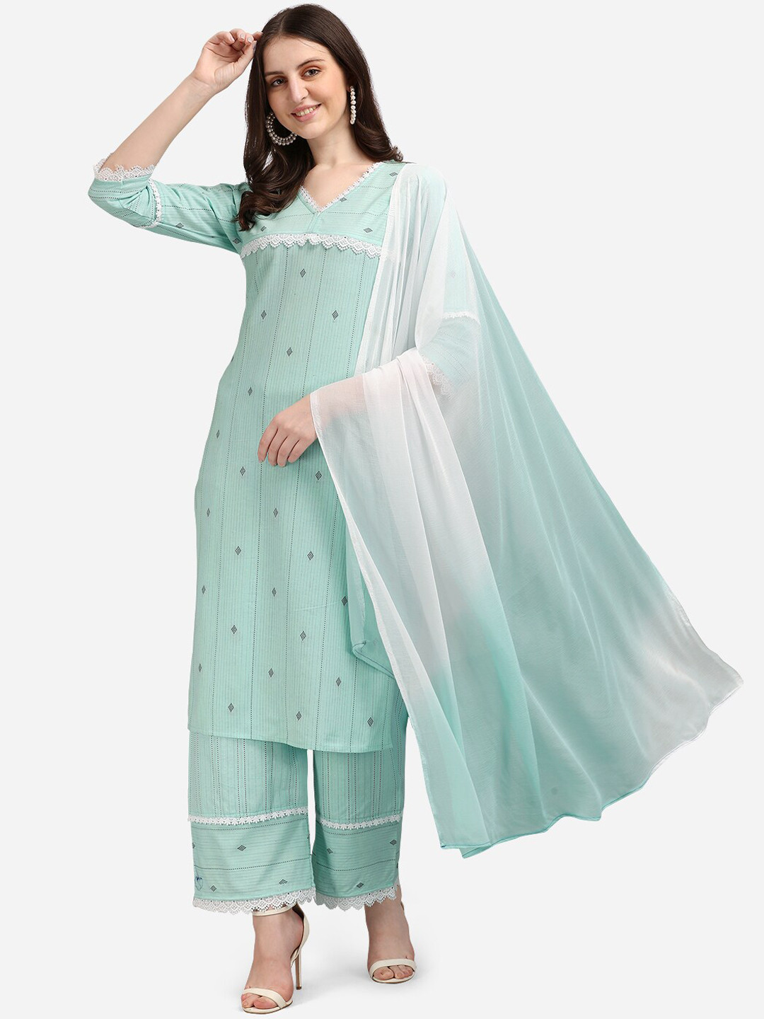 

KALINI Women Green Ethnic Motifs Embroidered Empire Kurti with Palazzos With Dupatta