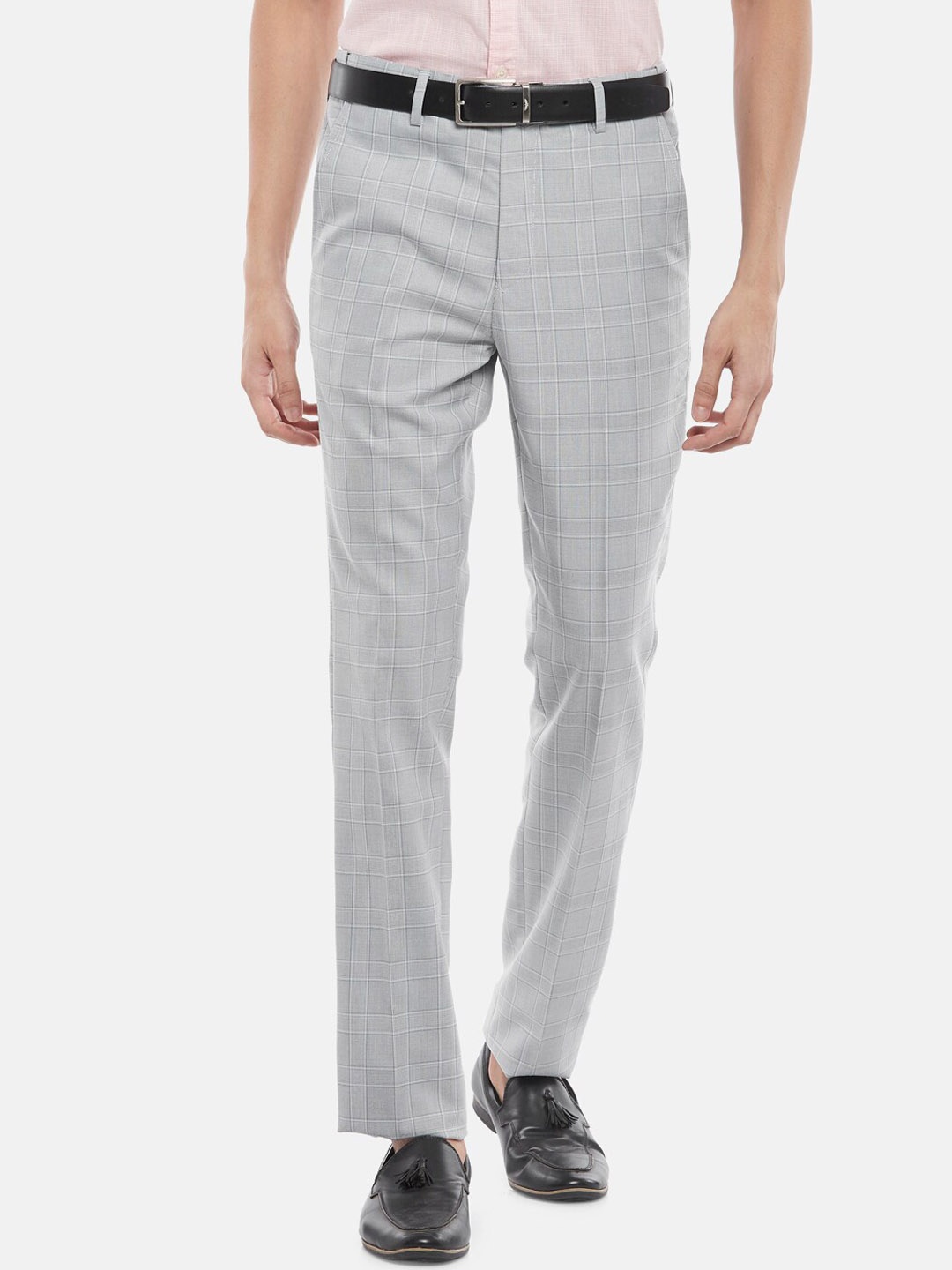 

BYFORD by Pantaloons Men Grey Checked Slim Fit Low-Rise Trousers