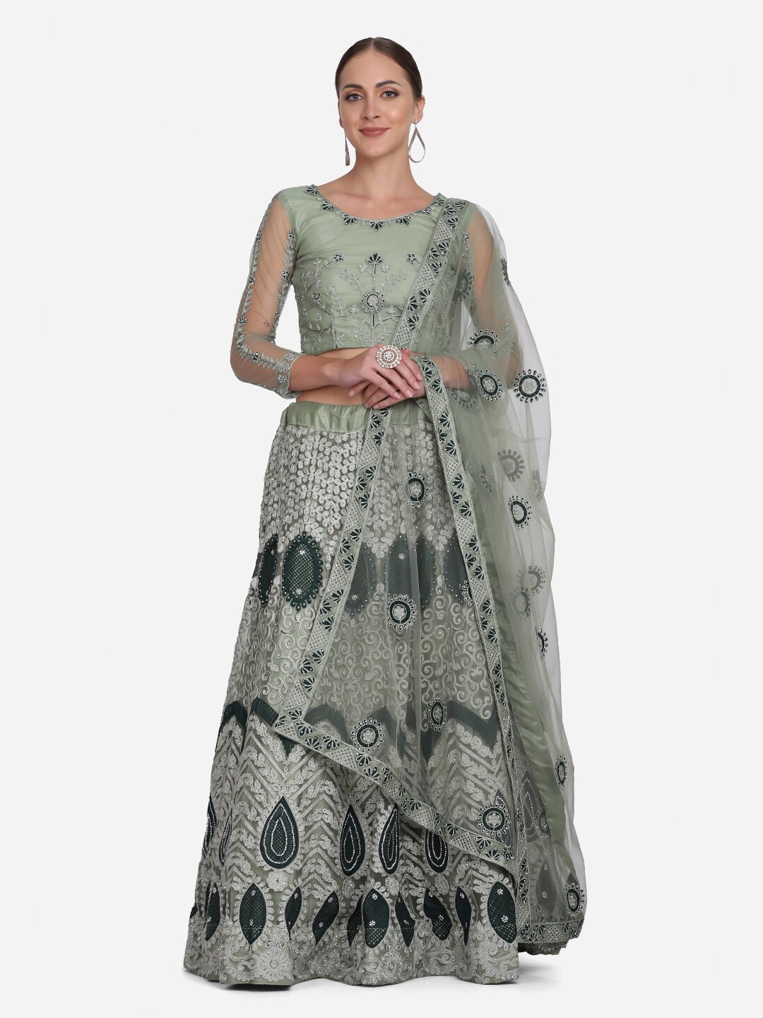 

Atsevam Sage Green Embroidered Semi-Stitched Lehenga & Unstitched Blouse With Dupatta