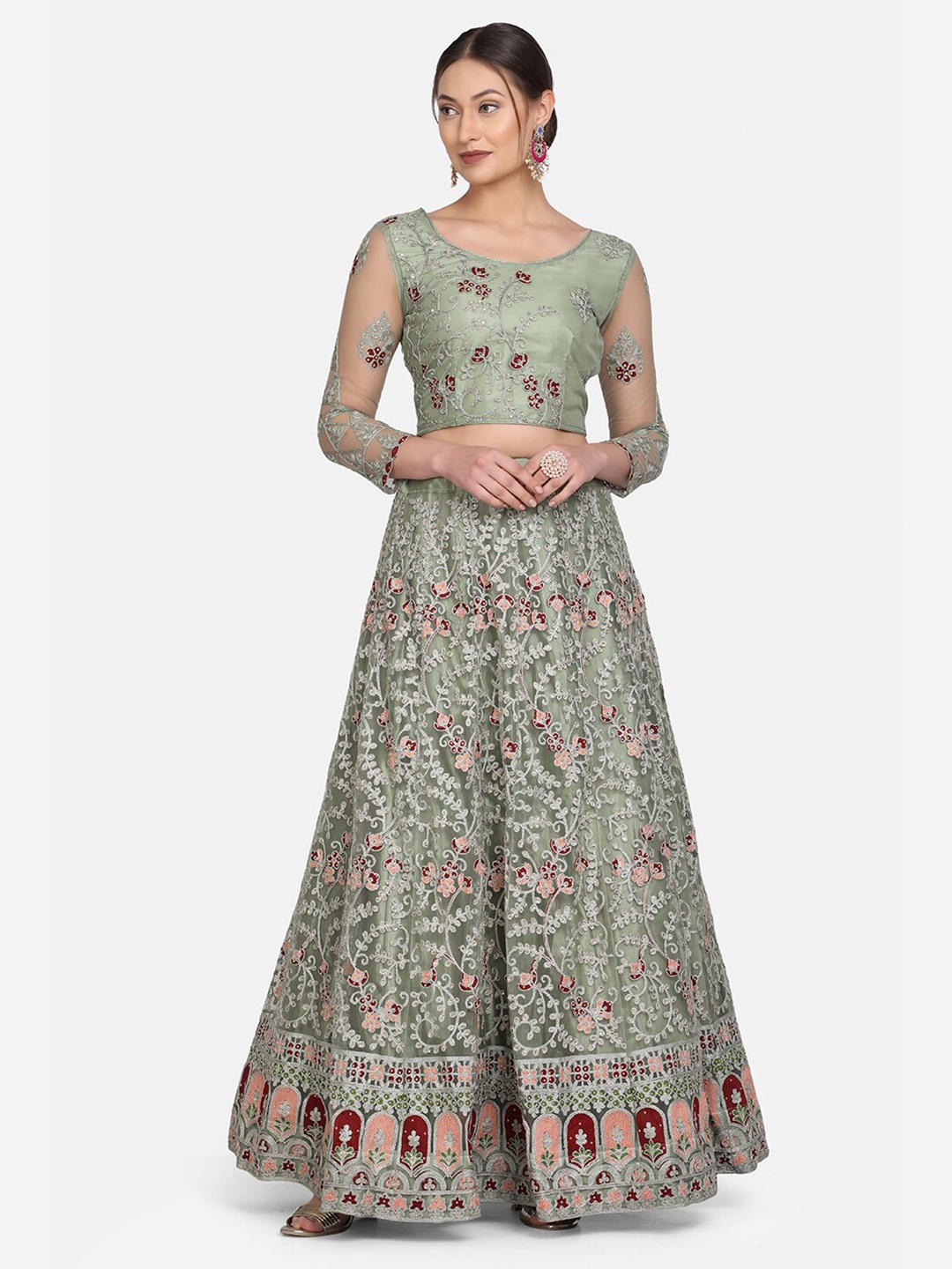 

Atsevam Women Sea Green & Maroon Embroidered Thread Work Semi-Stitched Lehenga Choli
