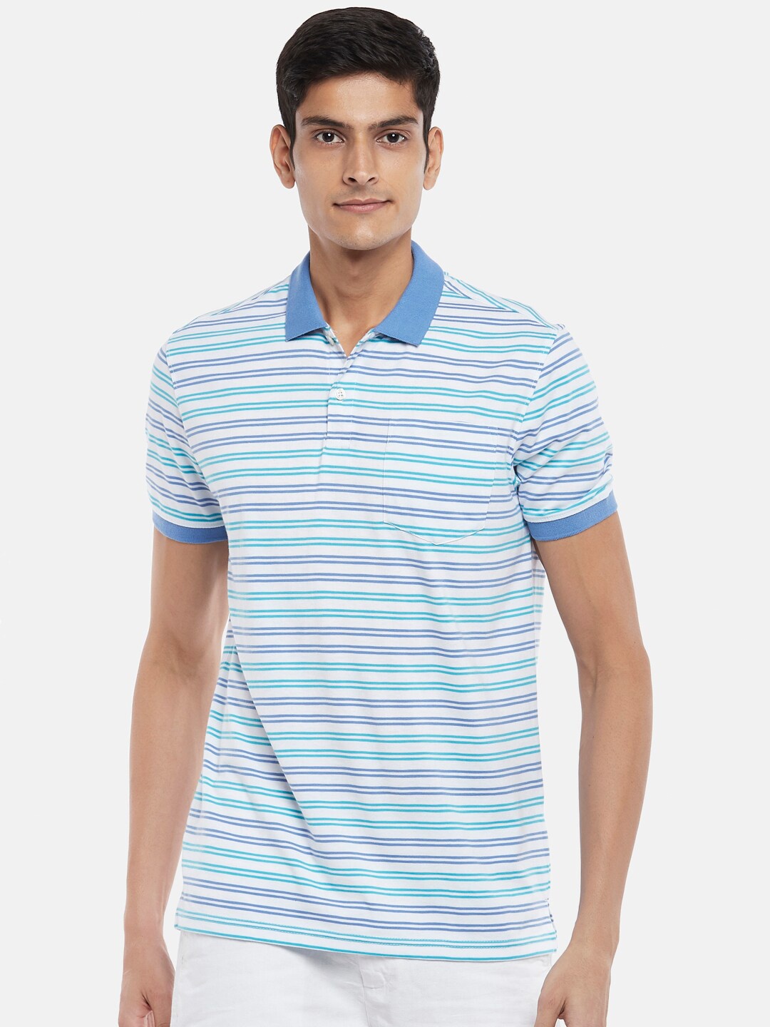 

BYFORD by Pantaloons Men White Striped Polo Collar Slim Fit Running T-shirt