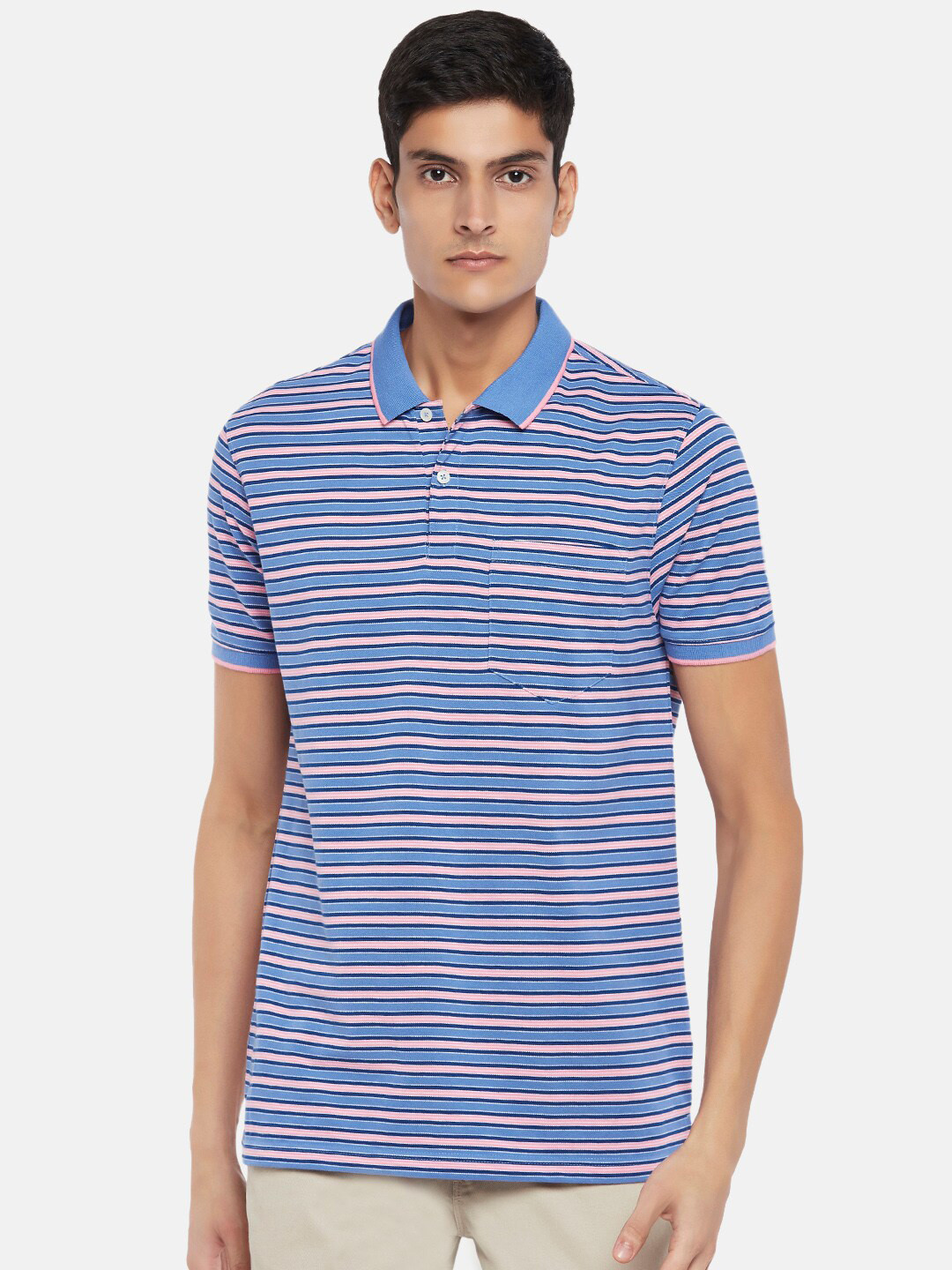 

BYFORD by Pantaloons Men Blue & Pink Striped Polo Collar Slim Fit T-shirt