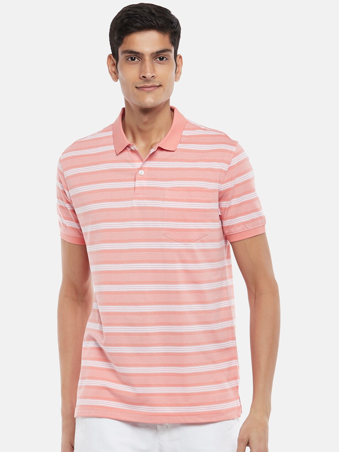 

BYFORD by Pantaloons Men Coral Striped Polo Collar Slim Fit Running T-shirt