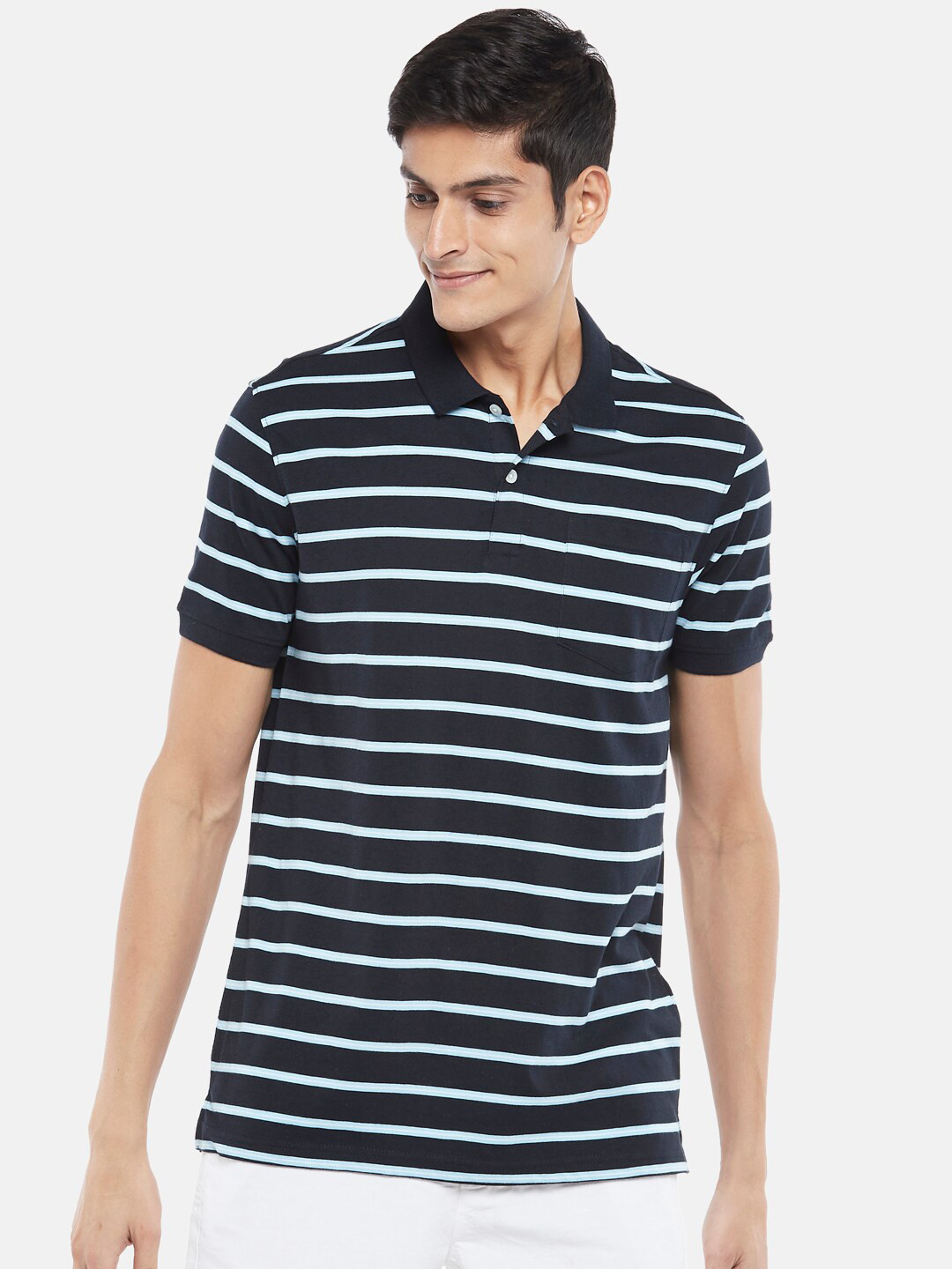 

BYFORD by Pantaloons Men Navy Blue Striped Polo Collar Slim Fit T-shirt